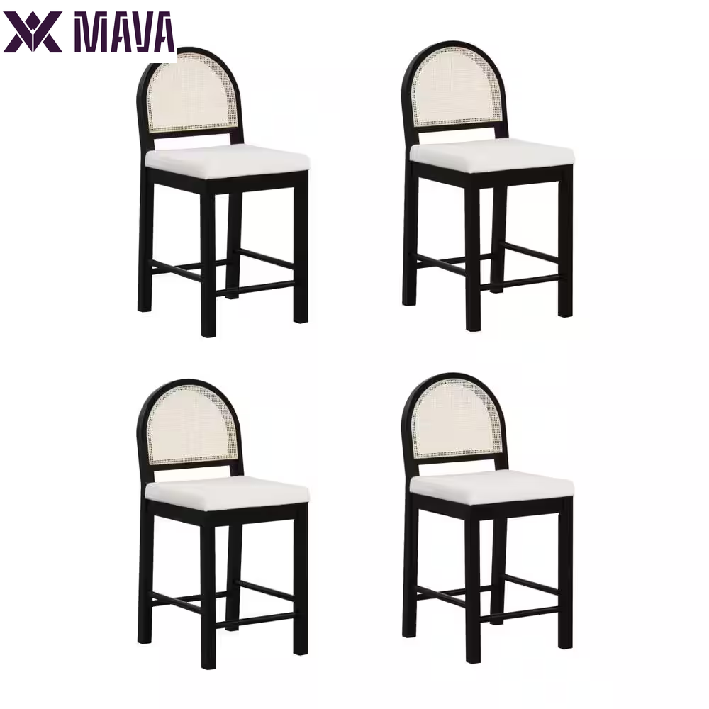 MAVA 19 In. Light Brown Natural Woven Rattan Back and Solid Wood, Legs Dining Chair with Padded Seat