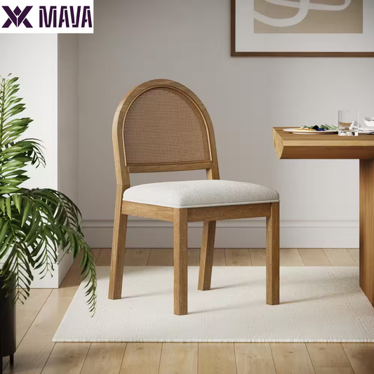 MAVA 19 In. Light Brown Natural Woven Rattan Back and Solid Wood, Legs Dining Chair with Padded Seat