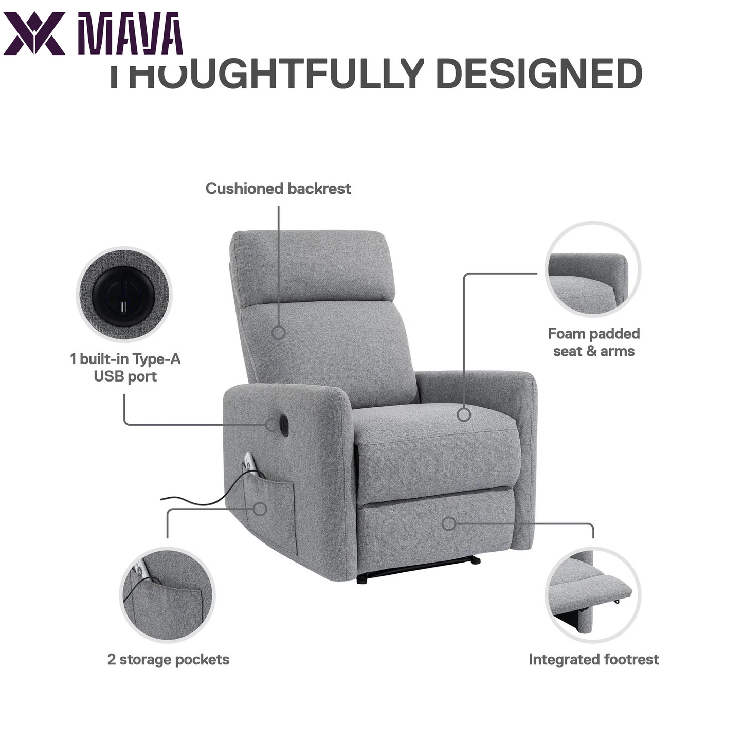 MAVA Power Recliner Chair with 8 Zone Massage and Lumbar Heat, Dark Gray Linen