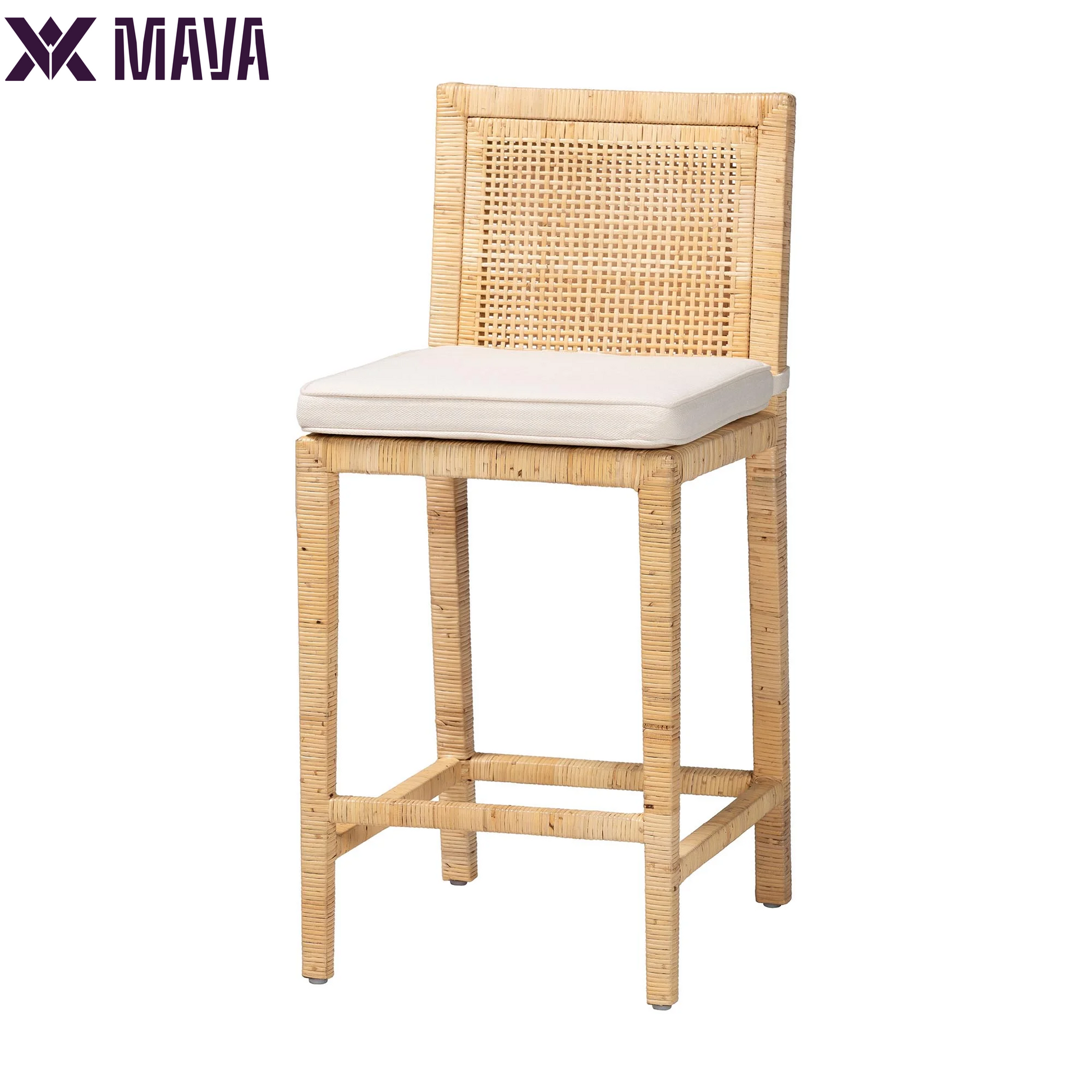 MAVA Sofia Rattan and Mahogany Wood BOHO Counter Stool, Natural