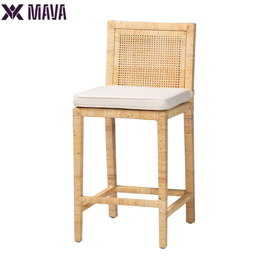 MAVA Sofia Rattan and Mahogany Wood BOHO Counter Stool, Natural