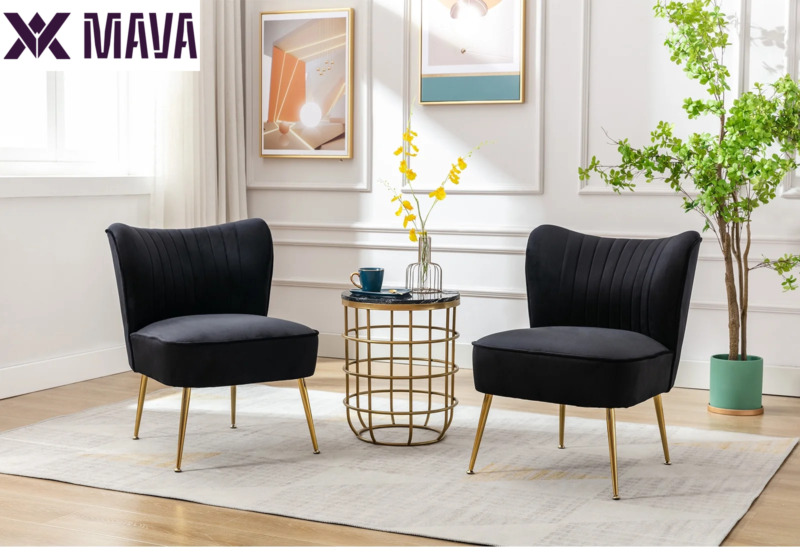 MAVA Modern Accent Chair Set of 2, Armless Slipper Chair Velvet Upholstered Lounge Chair, Wingback Large Single Sofa Side Chair with Gold Legs for Living Room Bedroom, Black