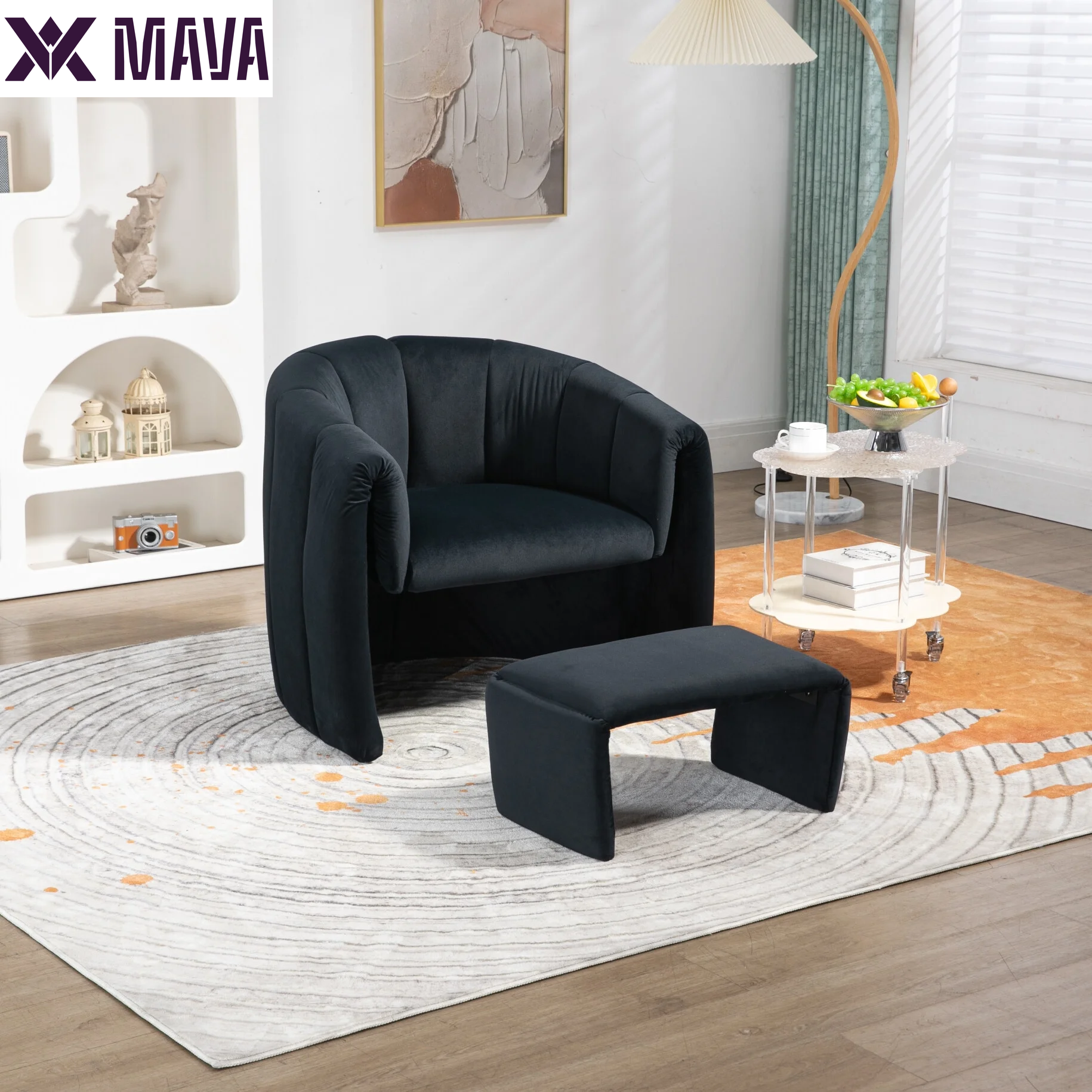 MAVA Modern Velvet Accent Chair with Ottoman, Upholstered Armchair with Wooden Frame