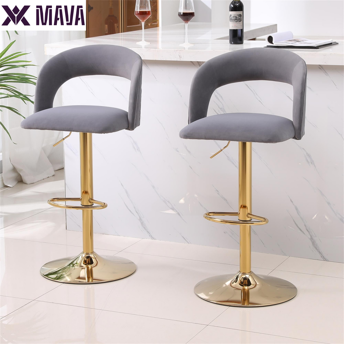 MAVA round Bar Stools Set of 2 with Footrest, Counter Stools for Bar Bistro Dining Room Kitchen, White