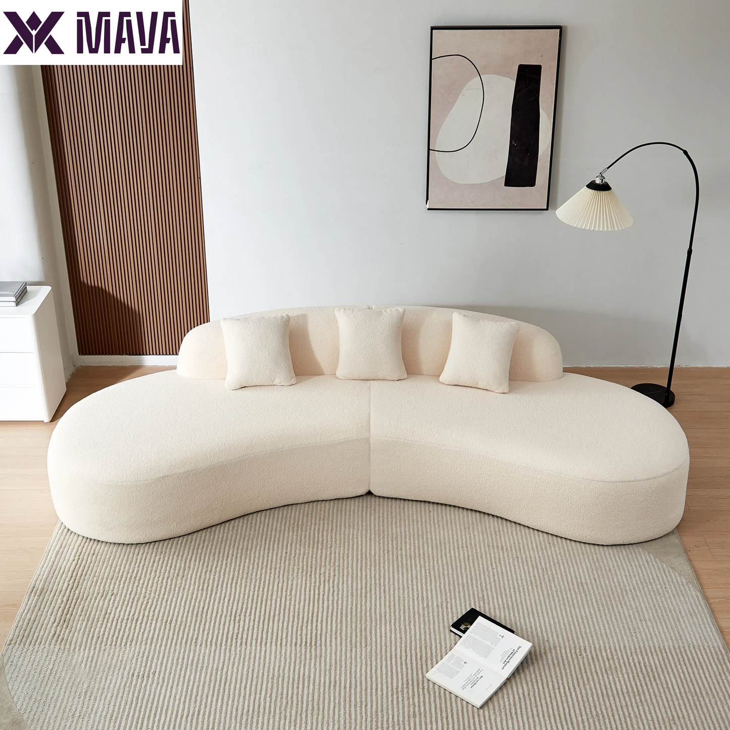 MAVA 119'' Curved Sofa Couch, Modern Half Moon Living Room Sofa, Luxury Sectional Sofa Couch with High-Density Foam Filled, Comfy Sherpa Lamb Fabric Sectional Sofa for Apartment, Office, Beige