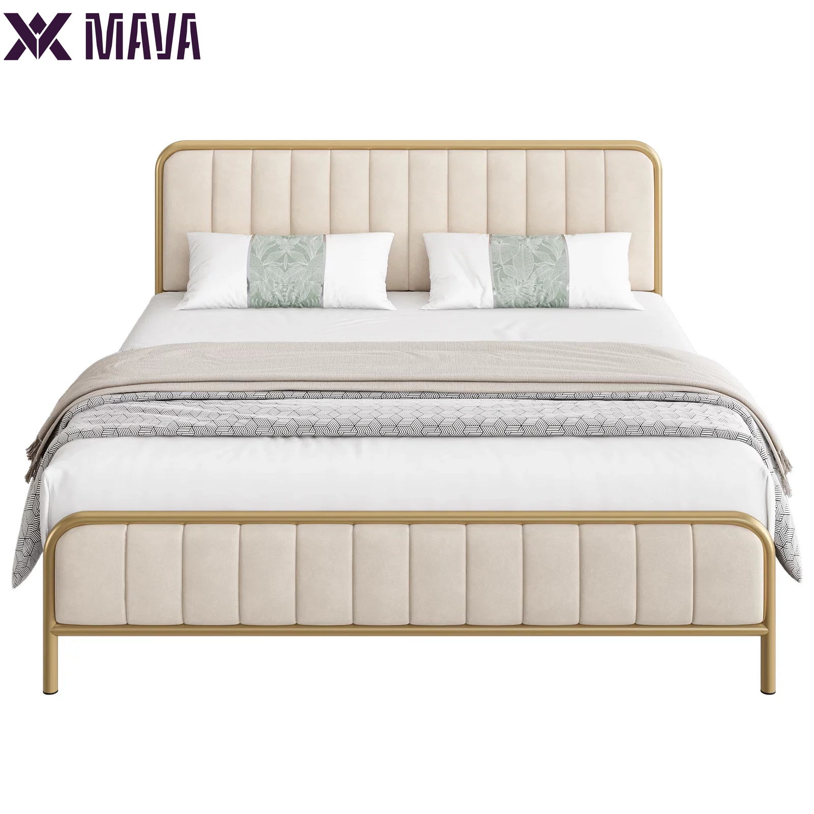 MAVA King Size Bed Frame, round Metal Tube Heavy Duty Bed Frame with Tufted Upholstered Headboard, Gold and Beige