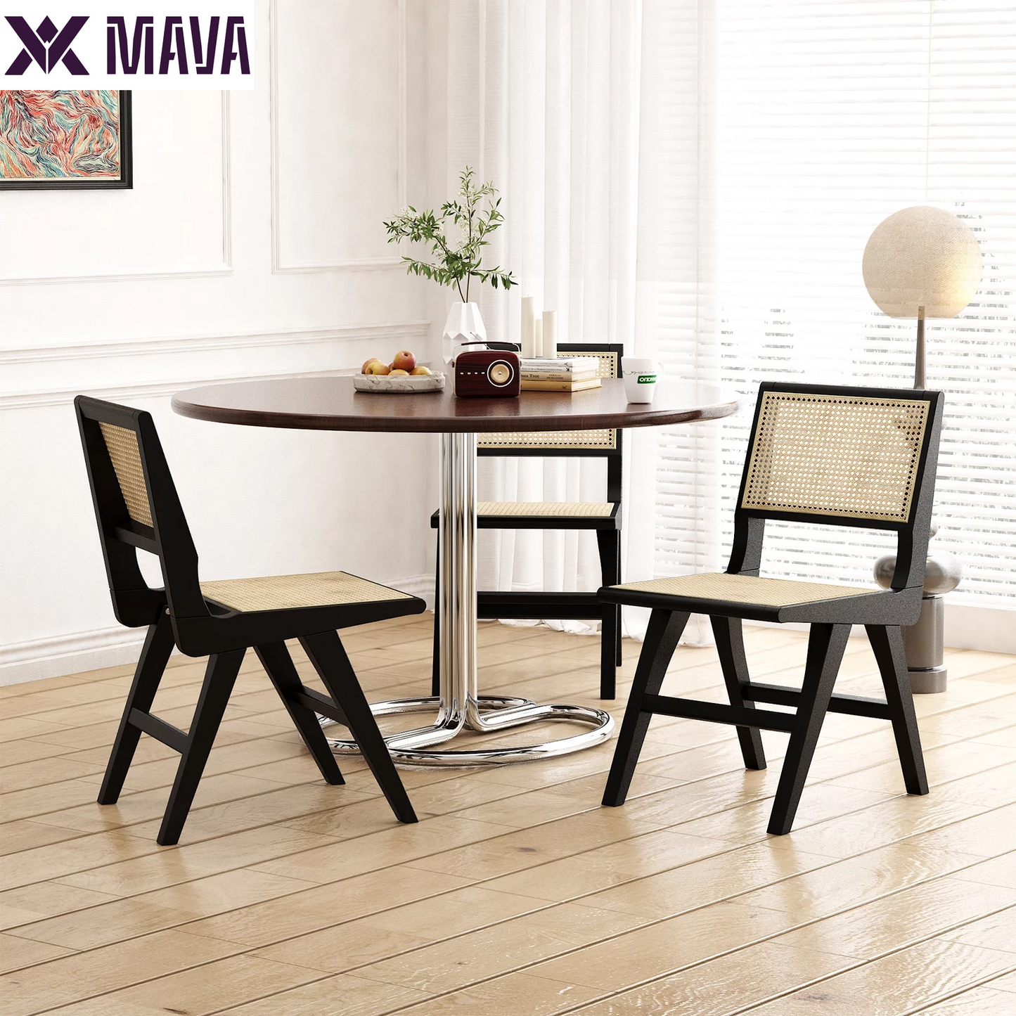 MAVA Rattan Wood Chairs Set of 2,Accent Chairs with Wood Legs,Mid-Century Modern Dining Chairs for Living Room,Black