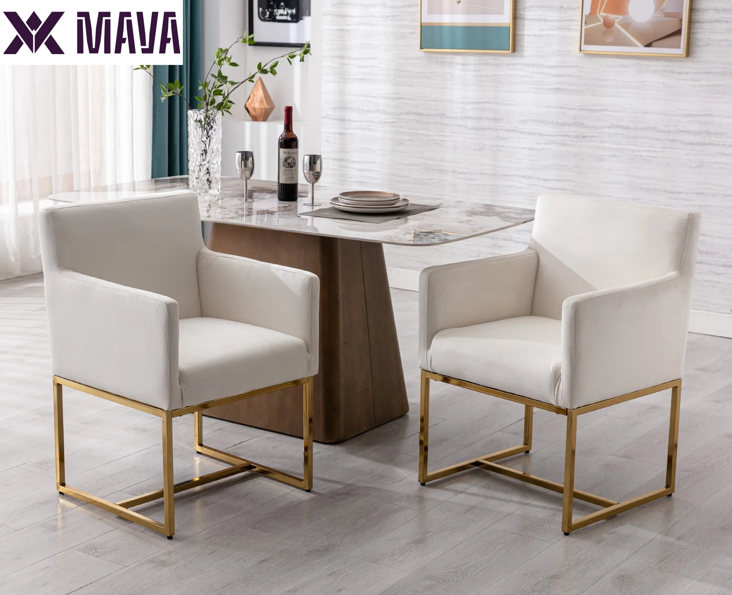 MAVA Modern Linen Upholstered Dining Chairs Set of 2, Kitchen Chairs with Arm and Gold Finish Metal Frame, Accent Armchair with Back for Living Room Dining Room Bedroom Reception Room, Cream