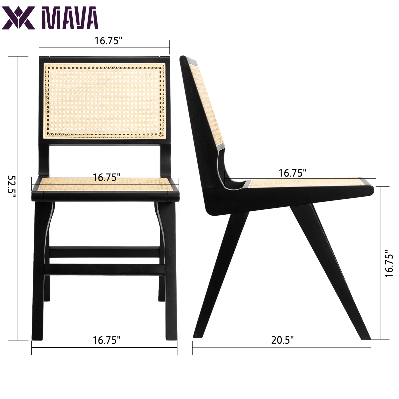 MAVA Rattan Wood Chairs Set of 2,Accent Chairs with Wood Legs,Mid-Century Modern Dining Chairs for Living Room,Black