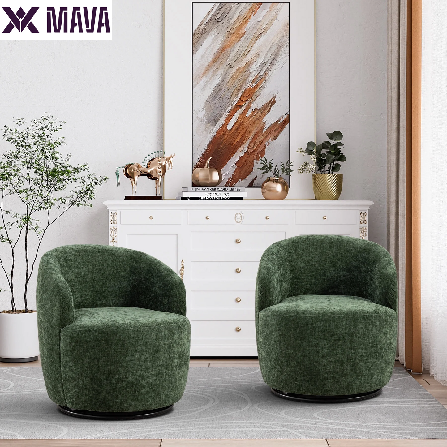 MAVA Swivel Barrel Chair Set of 2, Upholstered Boucle Swivel Accent Chair, Comfy Sherpa Swivel Lounge Chair, Modern 360 Swivel Arm Chair Reading Chair for Living Room Bedroom Club, Ivory Chenille