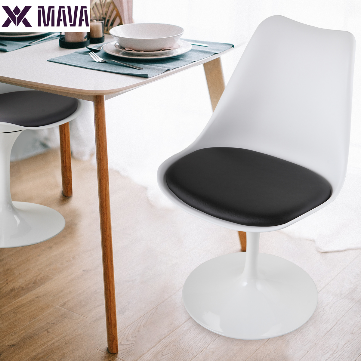 MAVA Swivel Tulip Side Chair for Kitchen and Dining Room Bar with Cushioned Seat and Curved Backrest, White and Black