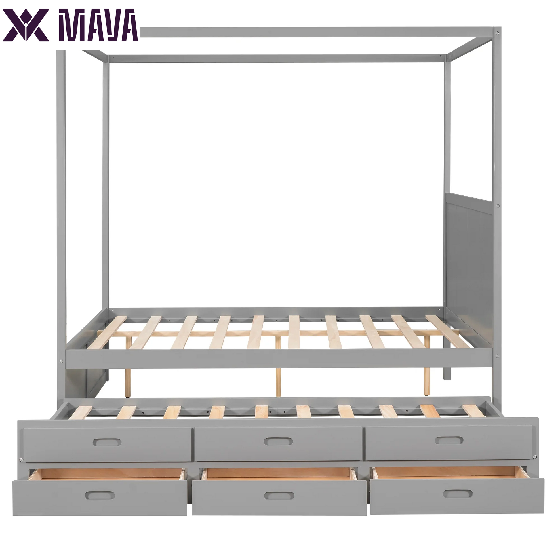 MAVA Queen Size Canopy Platform Bed with Trundle Bed and Drawers, Solid Wood Canopy Bed Frame with 3 Storage Drawers, Gray