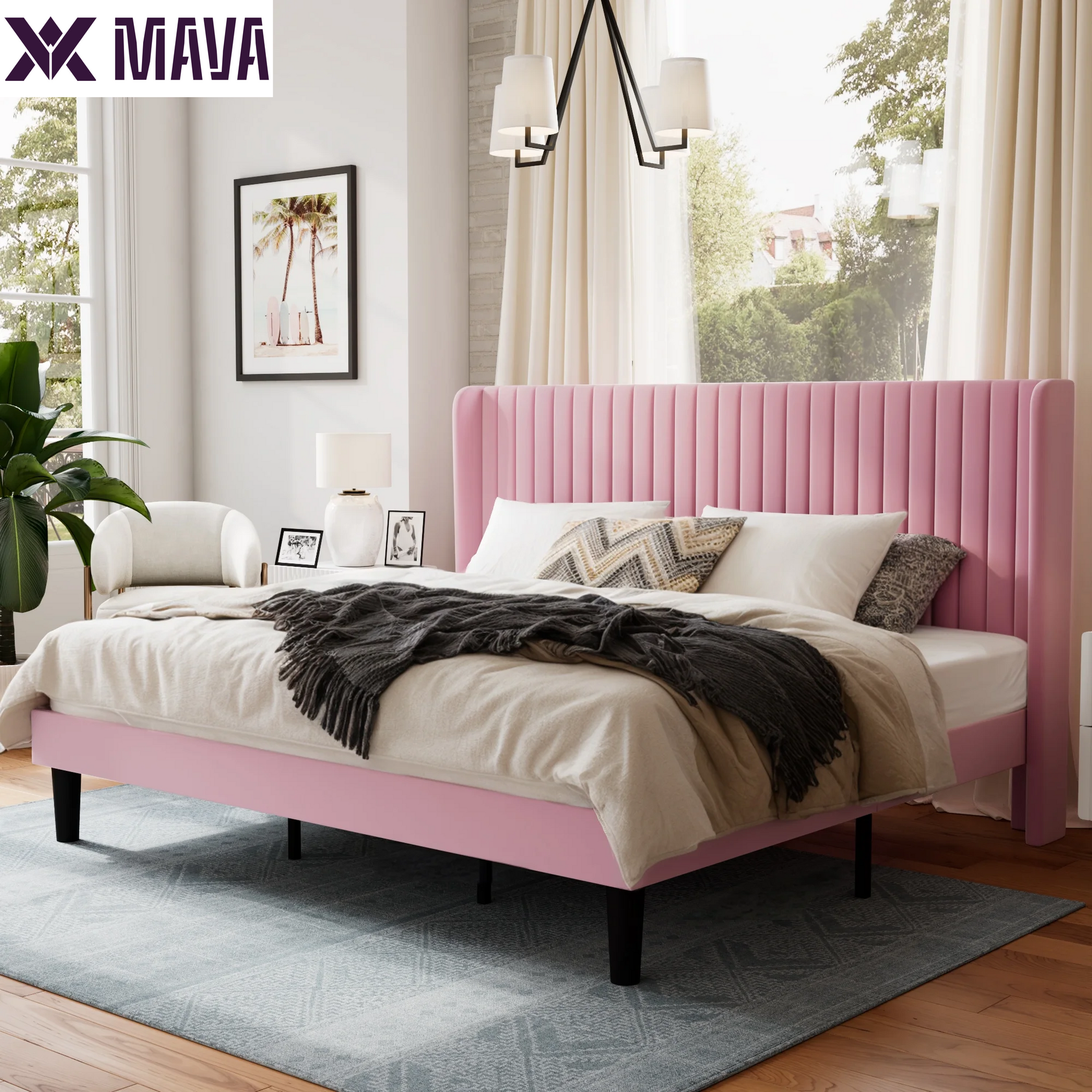 MAVA Queen Size Upholstered Platform Bed Frame with Velvet Channel Wingback Headboard, off White