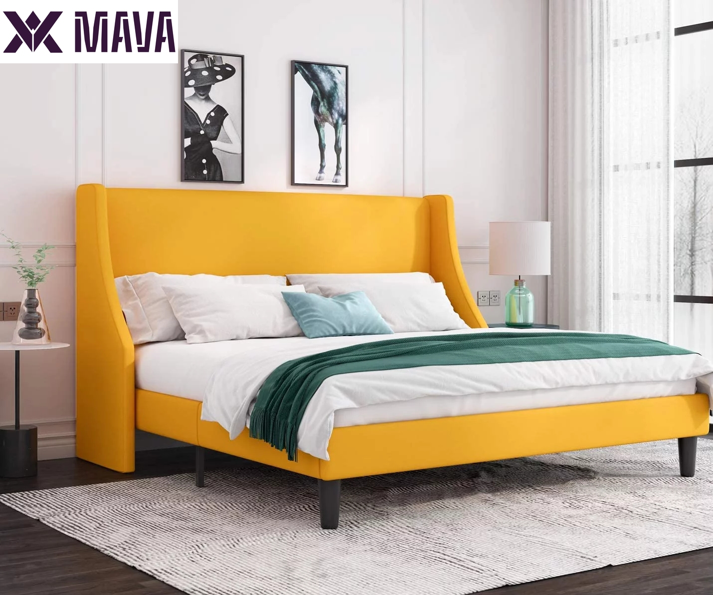 MAVA Queen Size Fabric Upholstered Platform Bed Frame with Wingback Headboard, Light Grey