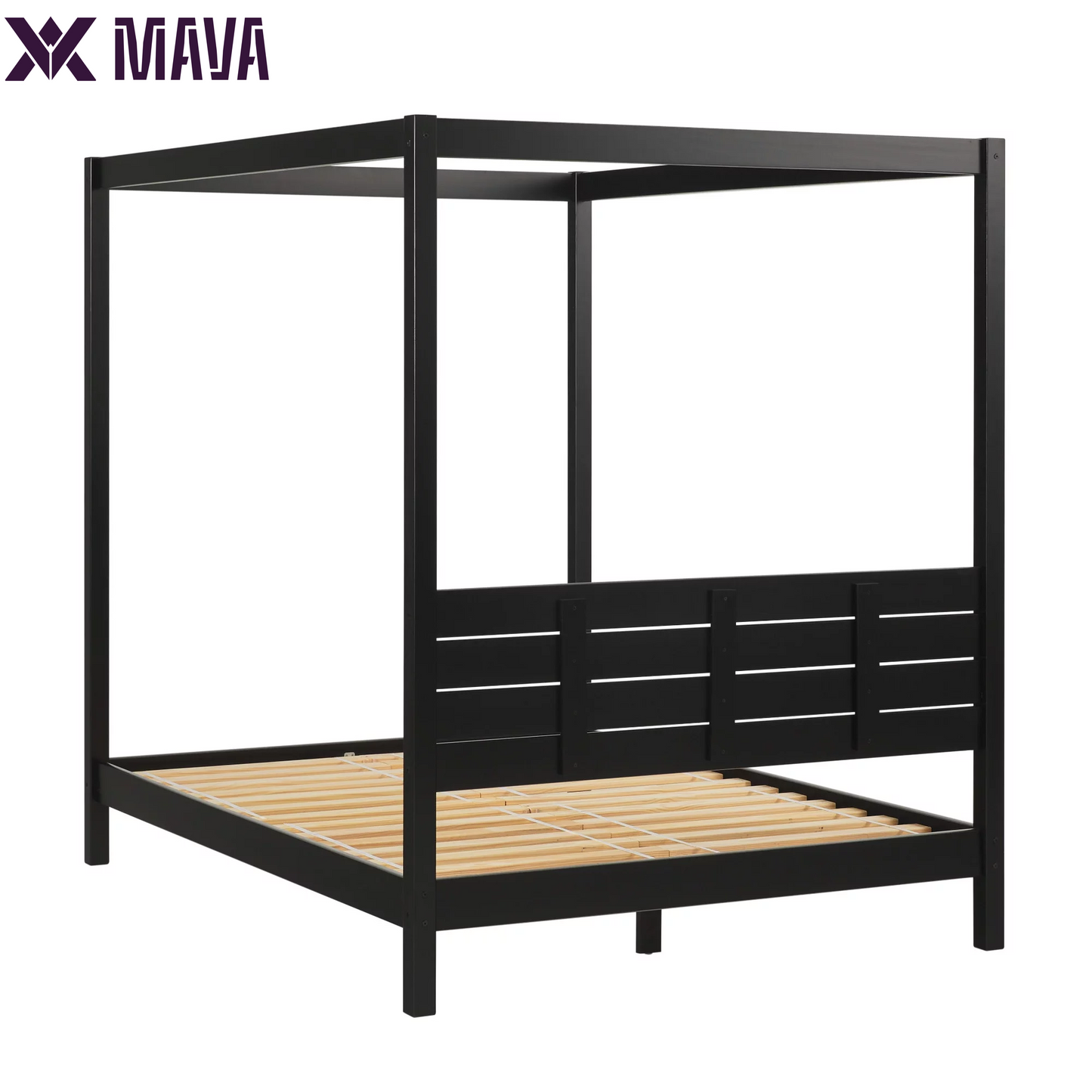 MAVA Minimalist Slatted Wood Queen Canopy Bedframe, Black