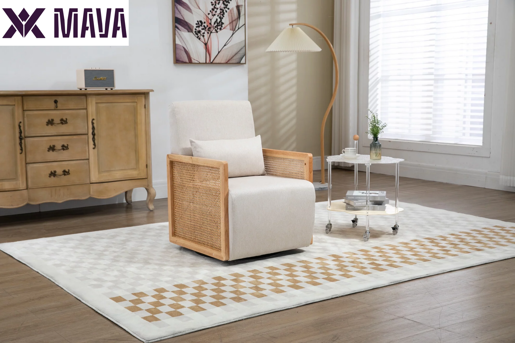 MAVA Swivel Barrel Chair, Modern Linen Accent Chair with Rattan Armrest, Upholstered Comfy Swivel Accent Chair