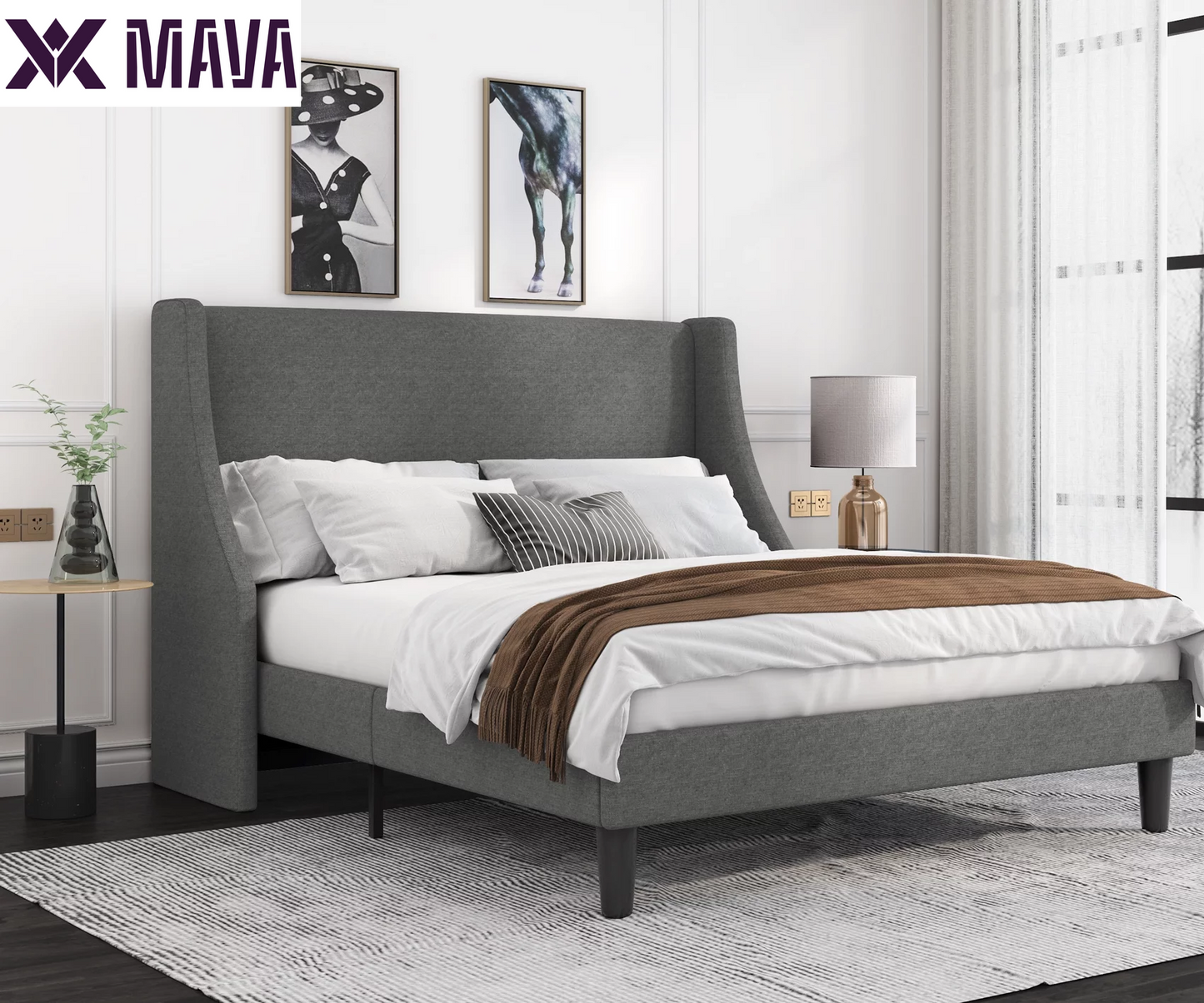 MAVA Queen Size Fabric Upholstered Platform Bed Frame with Wingback Headboard, Light Grey