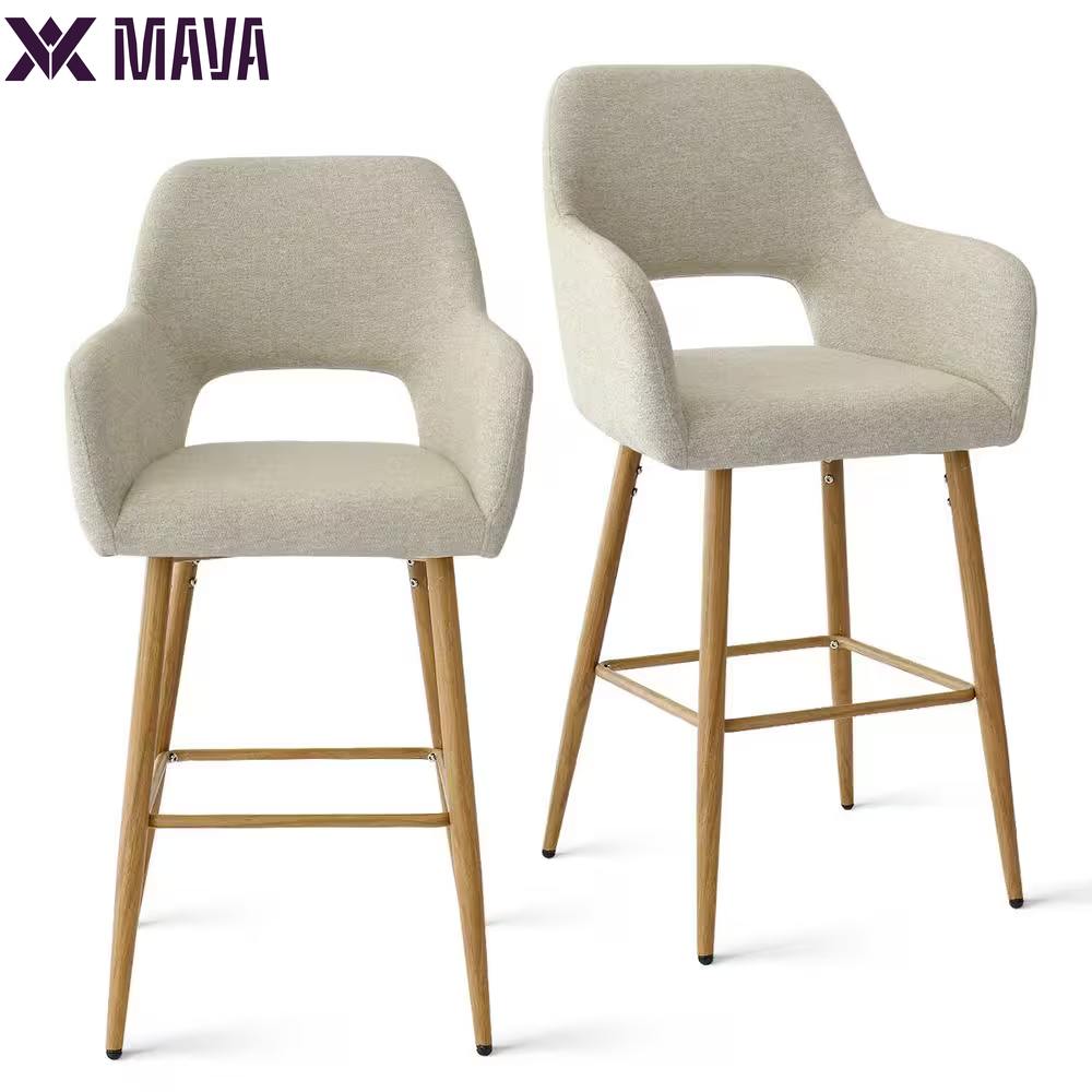 MAVA 25.5 In. Beige Counter Stool Metal Frame with Arm (Set of 2)