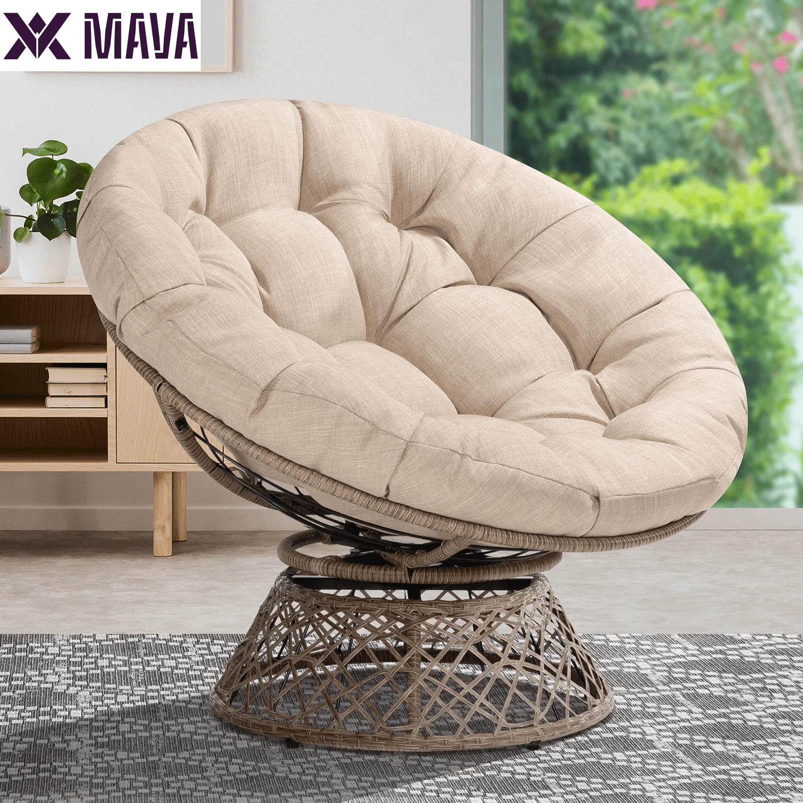 MAVA 360 Swivel Comfy Papasan Chair with Fabric Cushion, Pure Pearl - White Frame