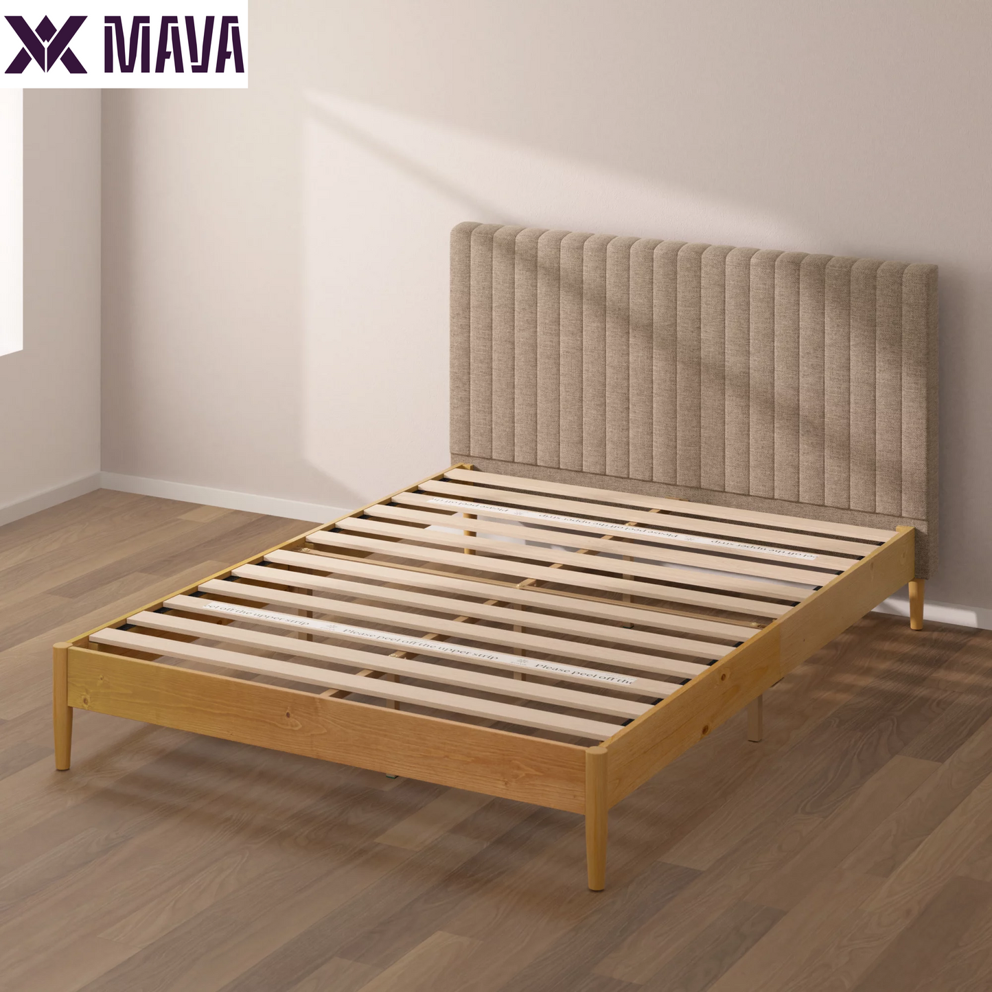 MAVA 41" Wood Platform Bed Frame with Upholstered Headboard, Queen