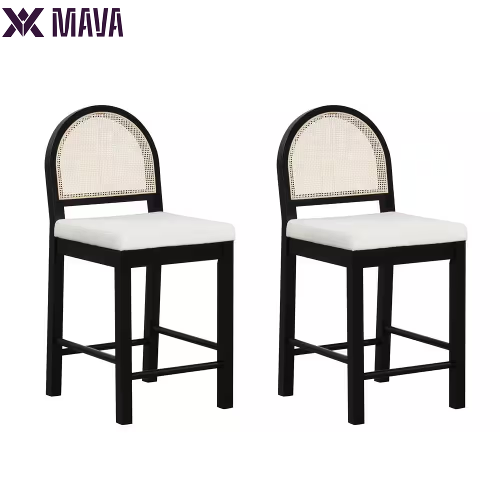 MAVA 19 In. Light Brown Natural Woven Rattan Back and Solid Wood, Legs Dining Chair with Padded Seat