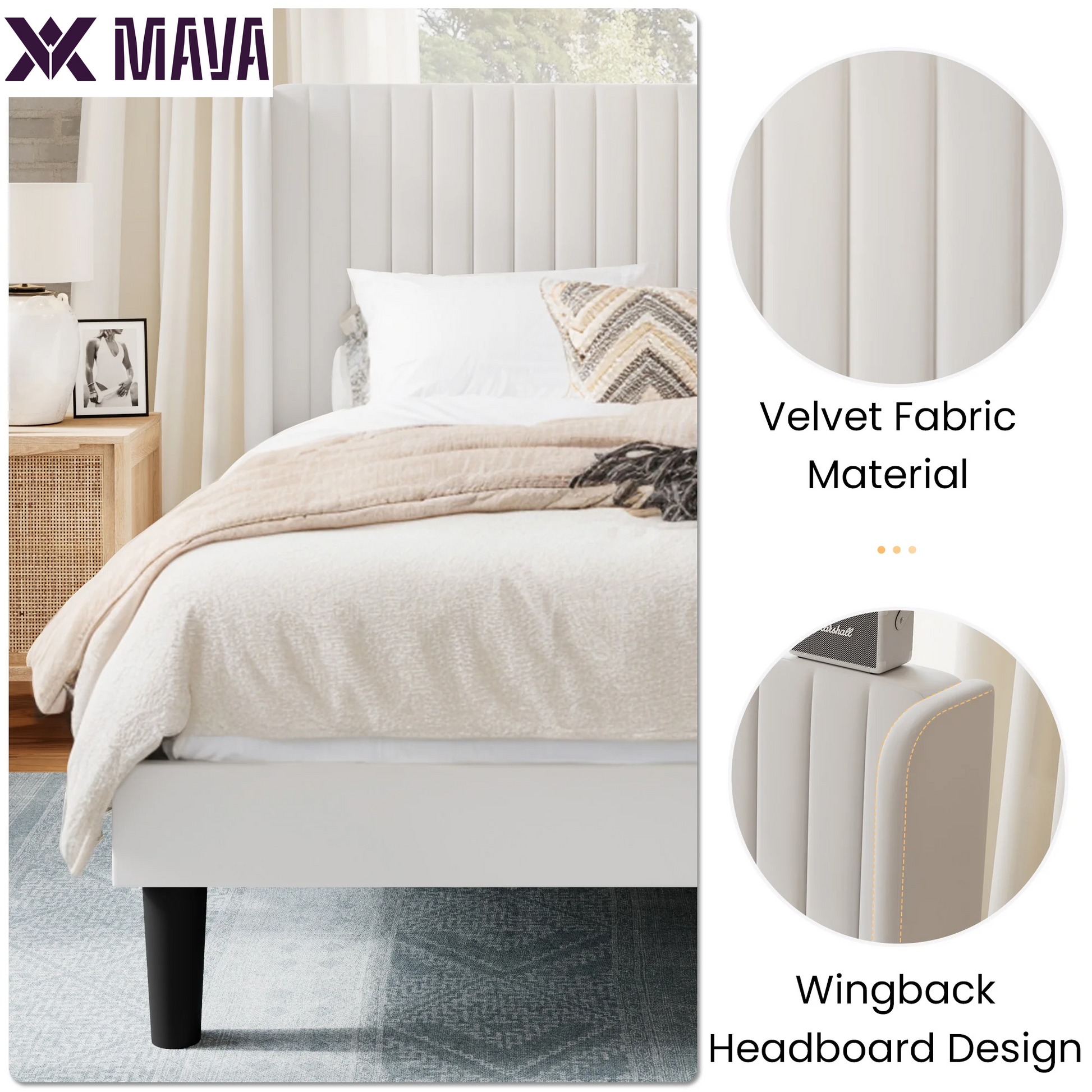 MAVA Queen Size Upholstered Platform Bed Frame with Velvet Channel Wingback Headboard, off White