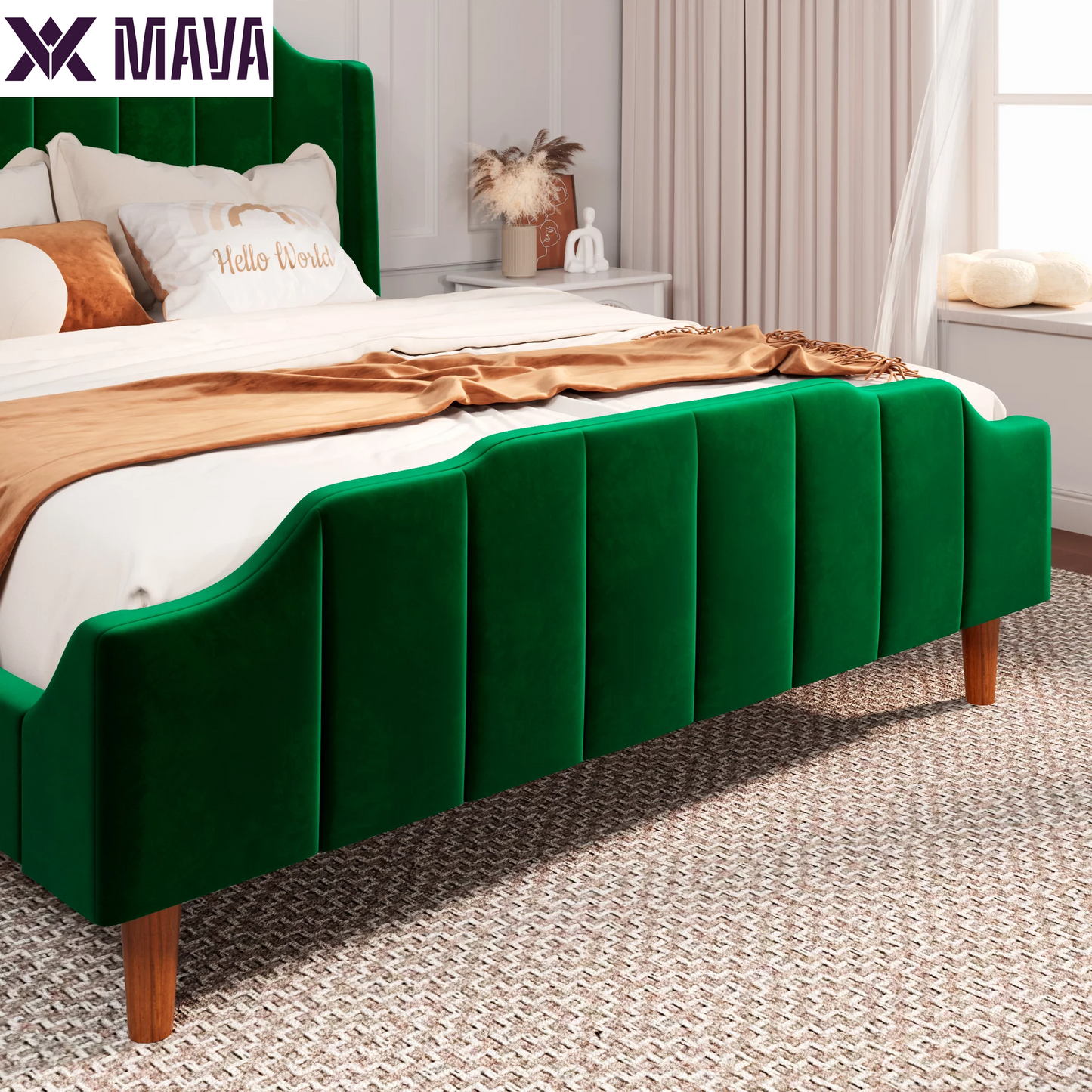 MAVA Queen Size Velvet Platform Bed with Modern Curved Upholstered Headboard and Footboard, Green