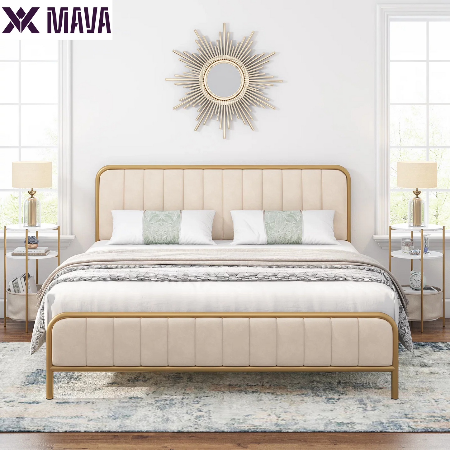 MAVA King Size Bed Frame, round Metal Tube Heavy Duty Bed Frame with Tufted Upholstered Headboard, Gold and Beige