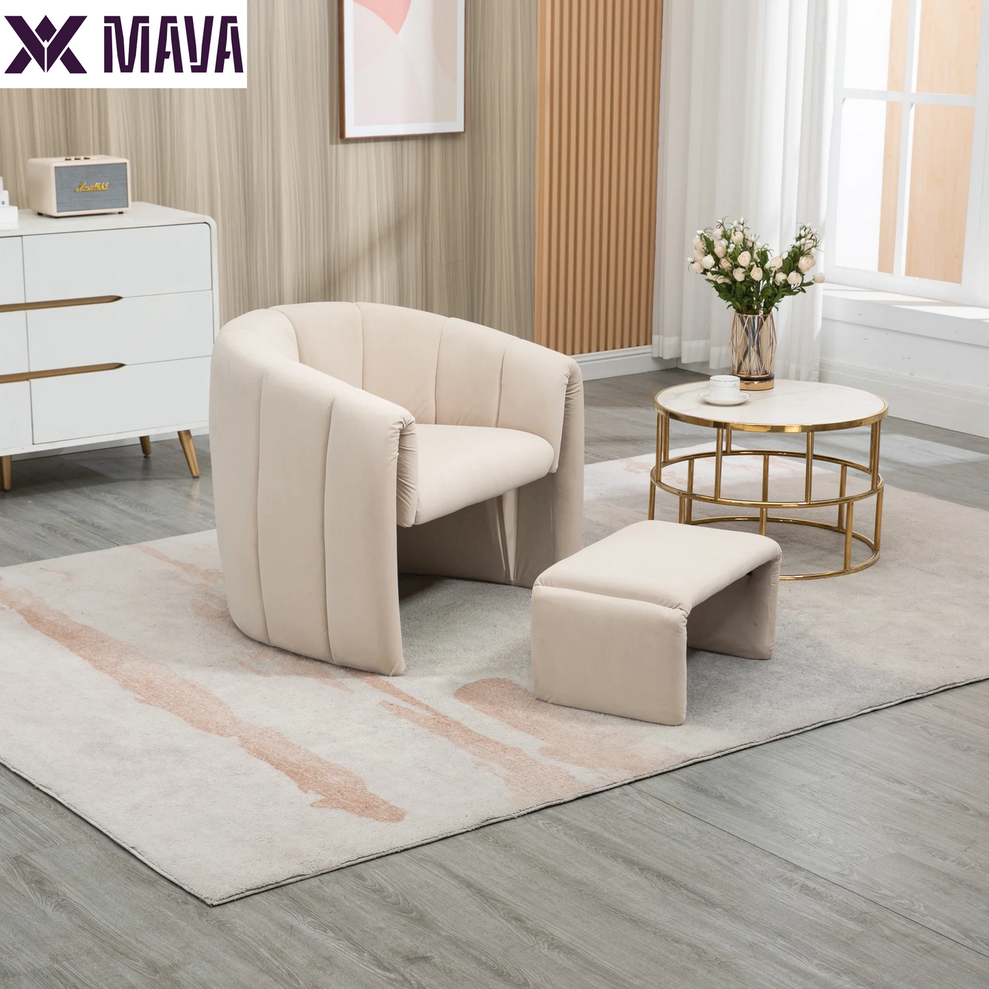 MAVA Modern Velvet Accent Chair with Ottoman, Upholstered Armchair with Wooden Frame