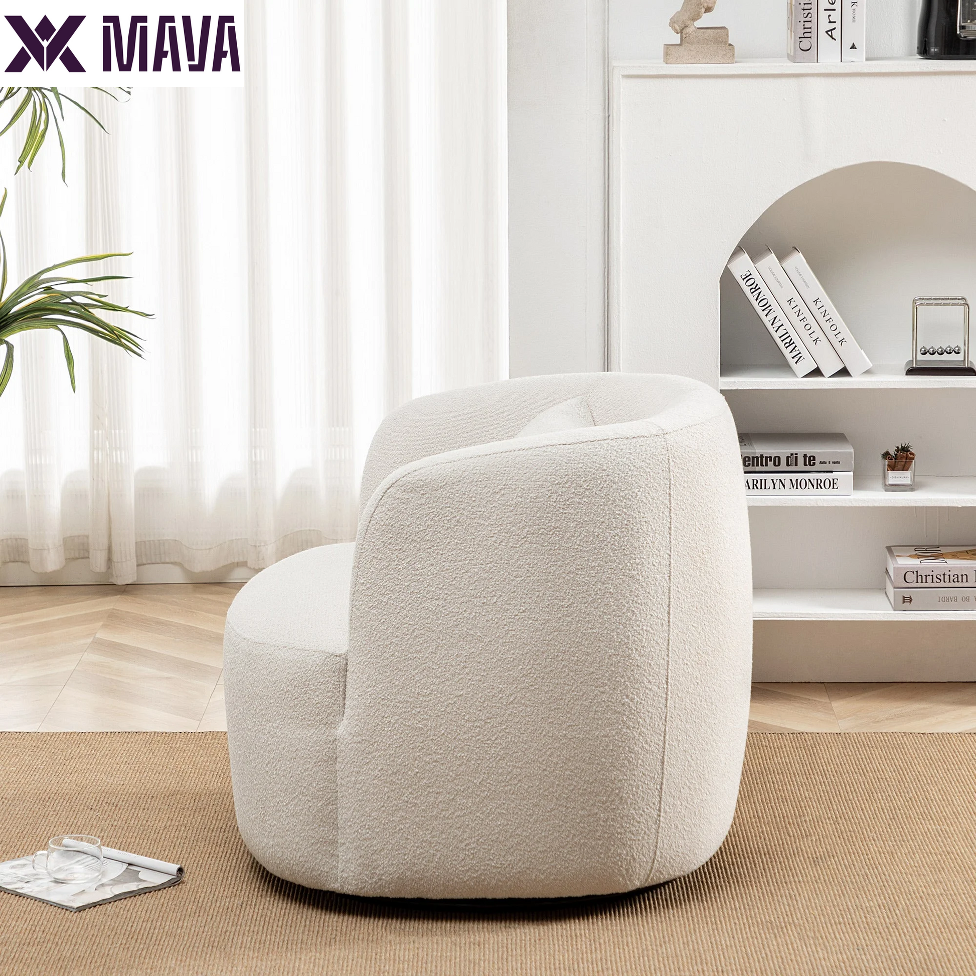 MAVA Beige Modern Boucle Upholstered 360° Swivel Accent Armchair