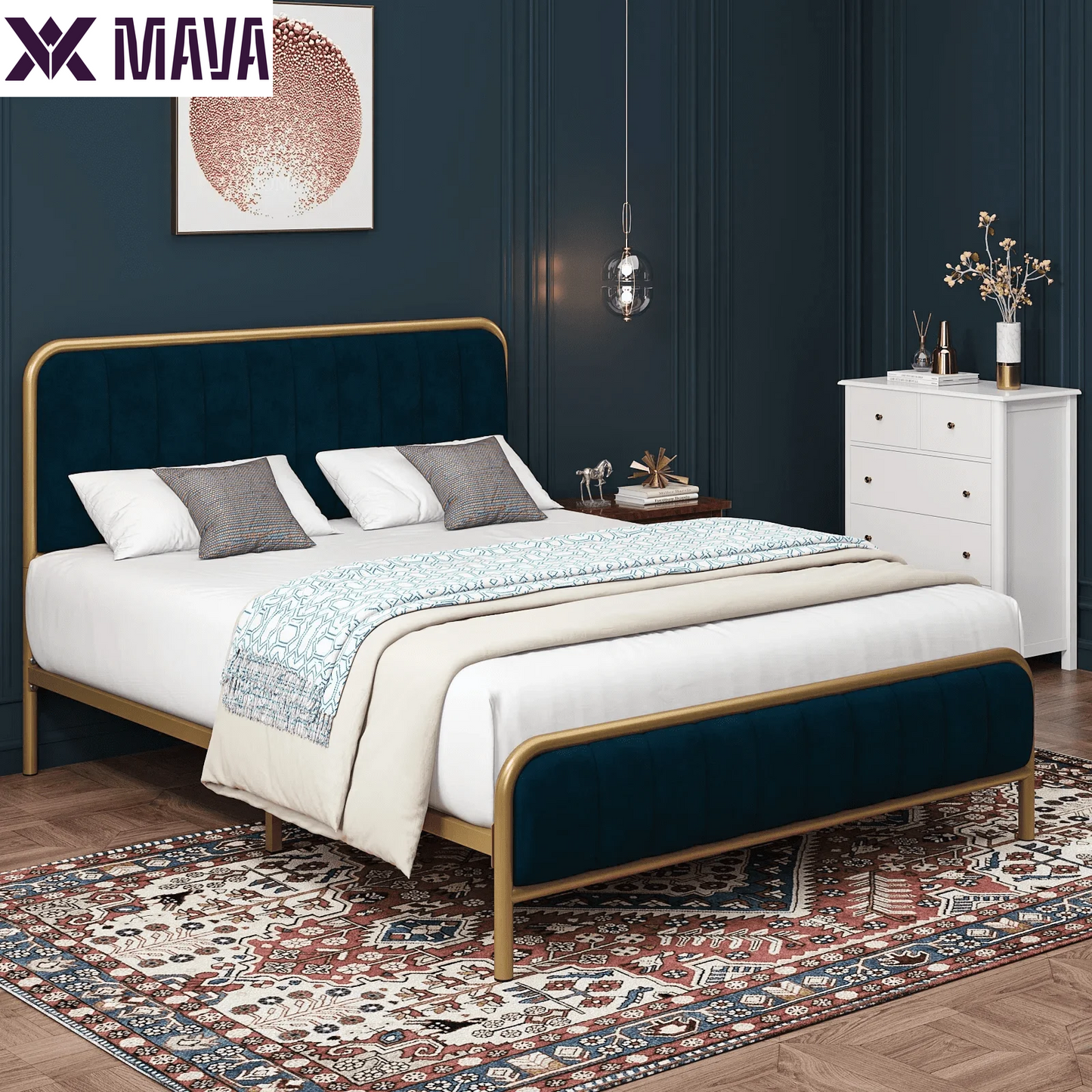 MAVA King Size Bed Frame, round Metal Tube Heavy Duty Bed Frame with Tufted Upholstered Headboard, Gold and Beige