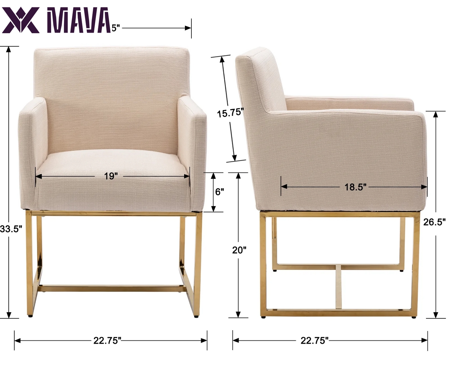 MAVA Modern Linen Upholstered Dining Chairs Set of 2, Kitchen Chairs with Arm and Gold Finish Metal Frame, Accent Armchair with Back for Living Room Dining Room Bedroom Reception Room, Cream