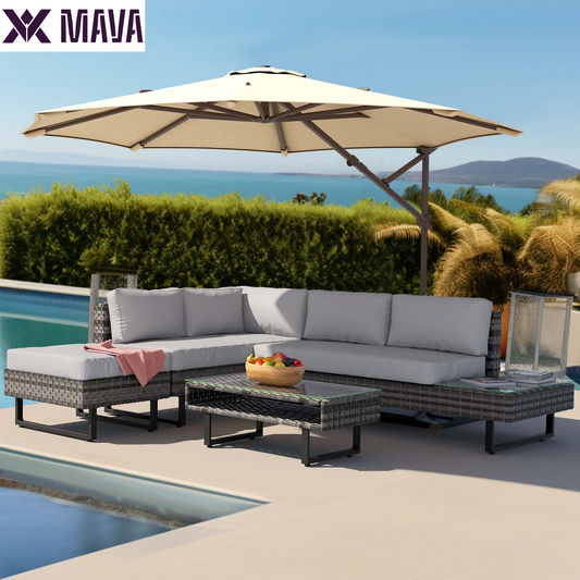 MAVA 4 Pieces Patio Furniture Set, All Weather Outdoor PE Rattan Sectional L-Shaped Wicker Conversation Sofa Chair with Coffee Table & Grey Cushions