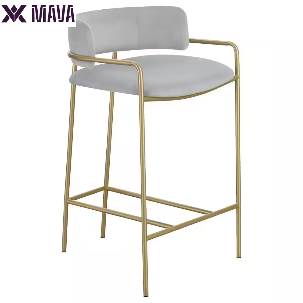 MAVA 36.5 In. H Gold and Grey Low Back Metal Frame Bar Stool with Fabric Seat