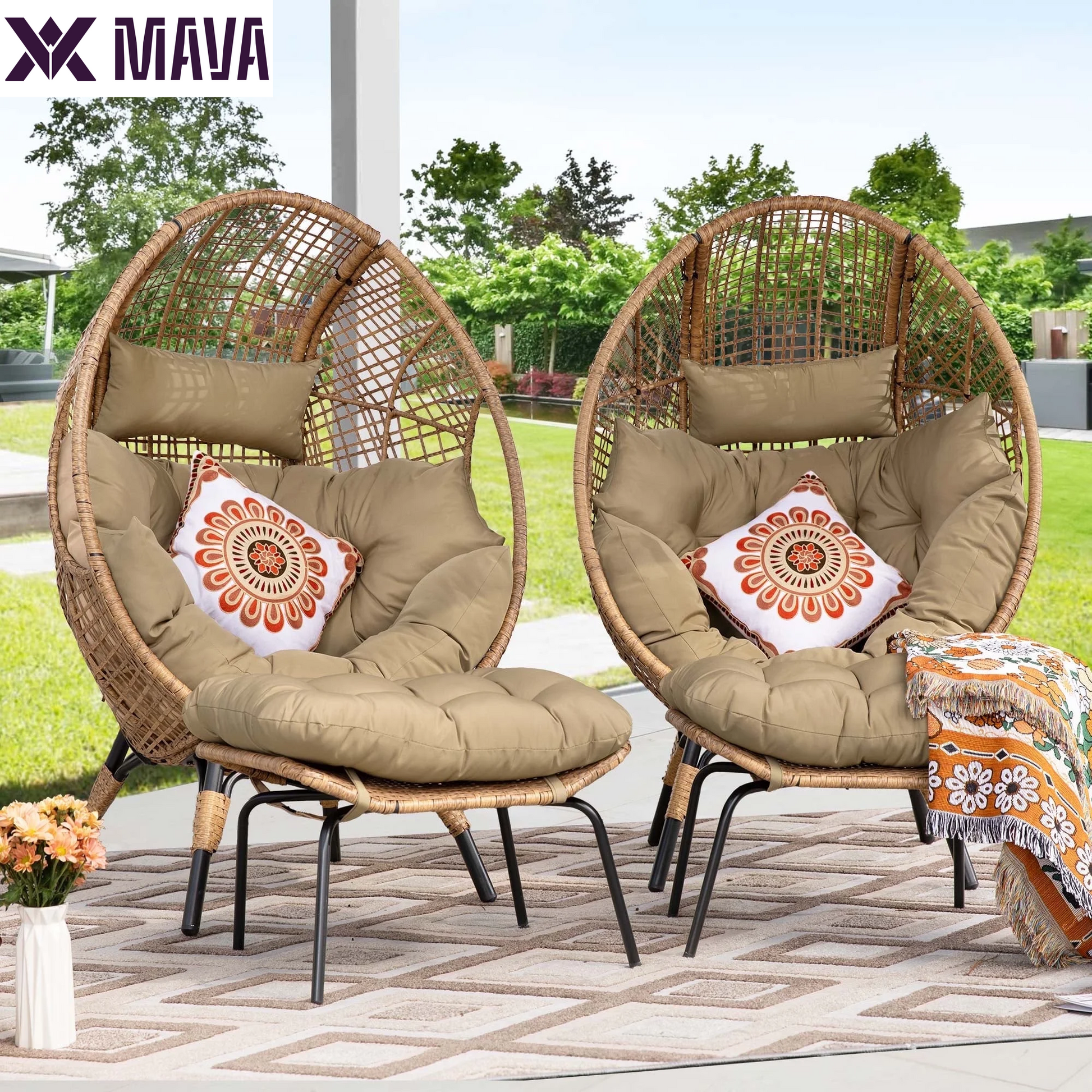 MAVA Outdoor Patio Lounge Chair Boho Stationary Wicker Yellow Egg Chair for Indoor Living Room 440Lb