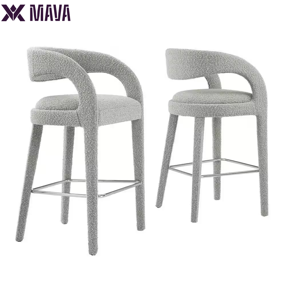 MAVA 30 In. in Taupe Silver Rubber Wood Boucle Upholstered Bar Stool Set of 2