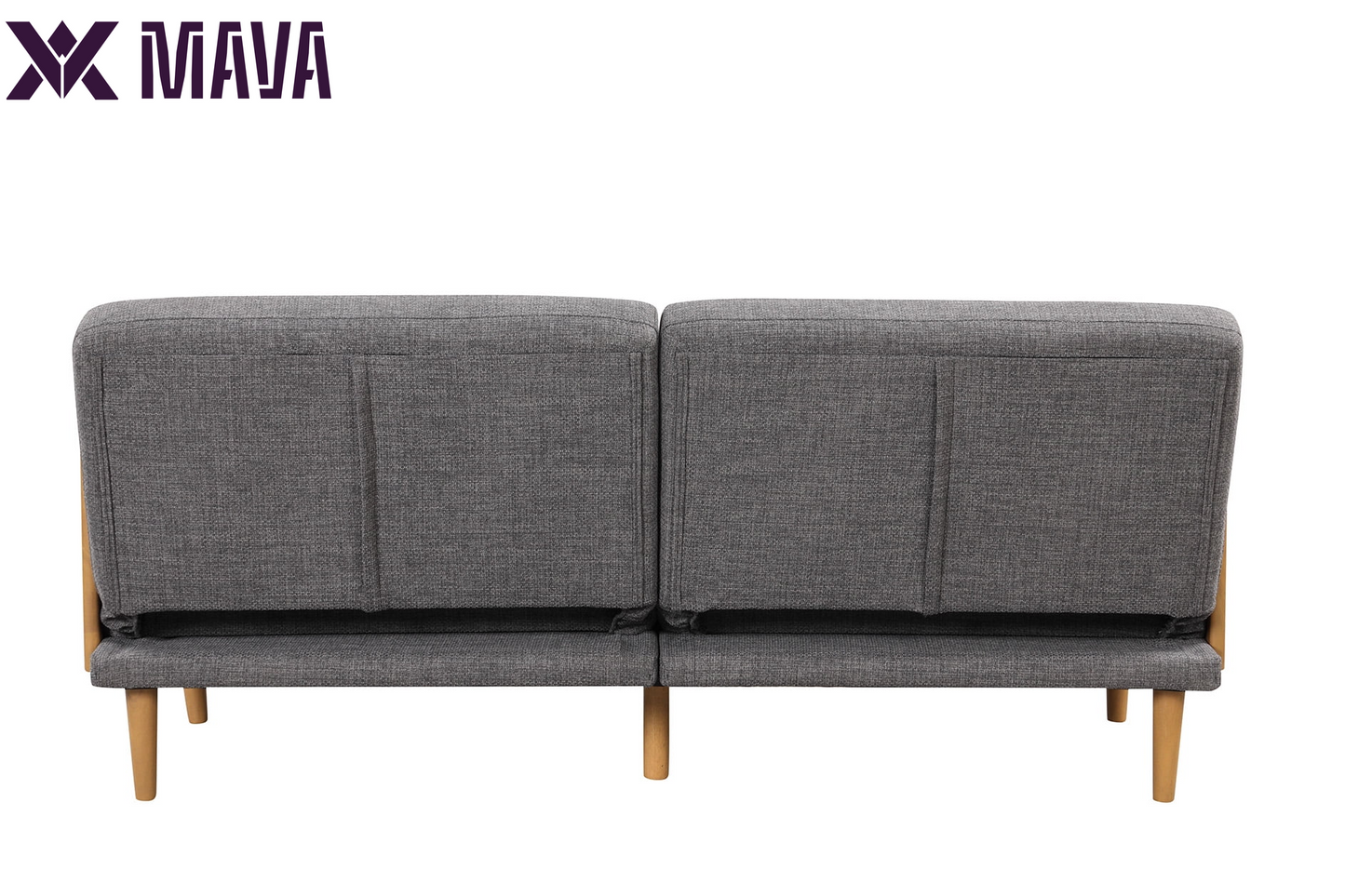 MAVA 73" Reading Futon, Natural Rubber Wood Legs & Arms, Grey Linen Fabric