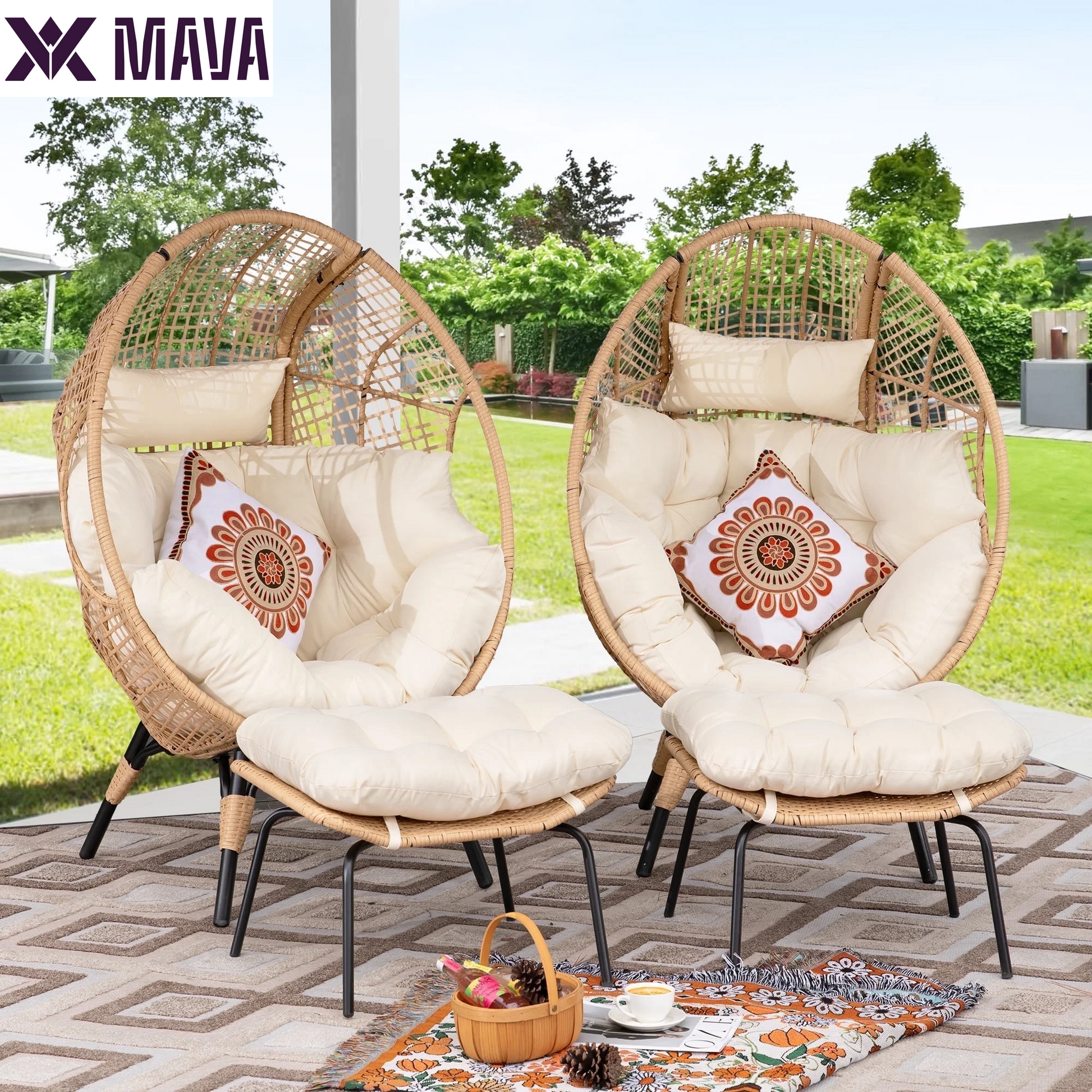 MAVA Outdoor Patio Lounge Chair Boho Stationary Wicker Yellow Egg Chair for Indoor Living Room 440Lb