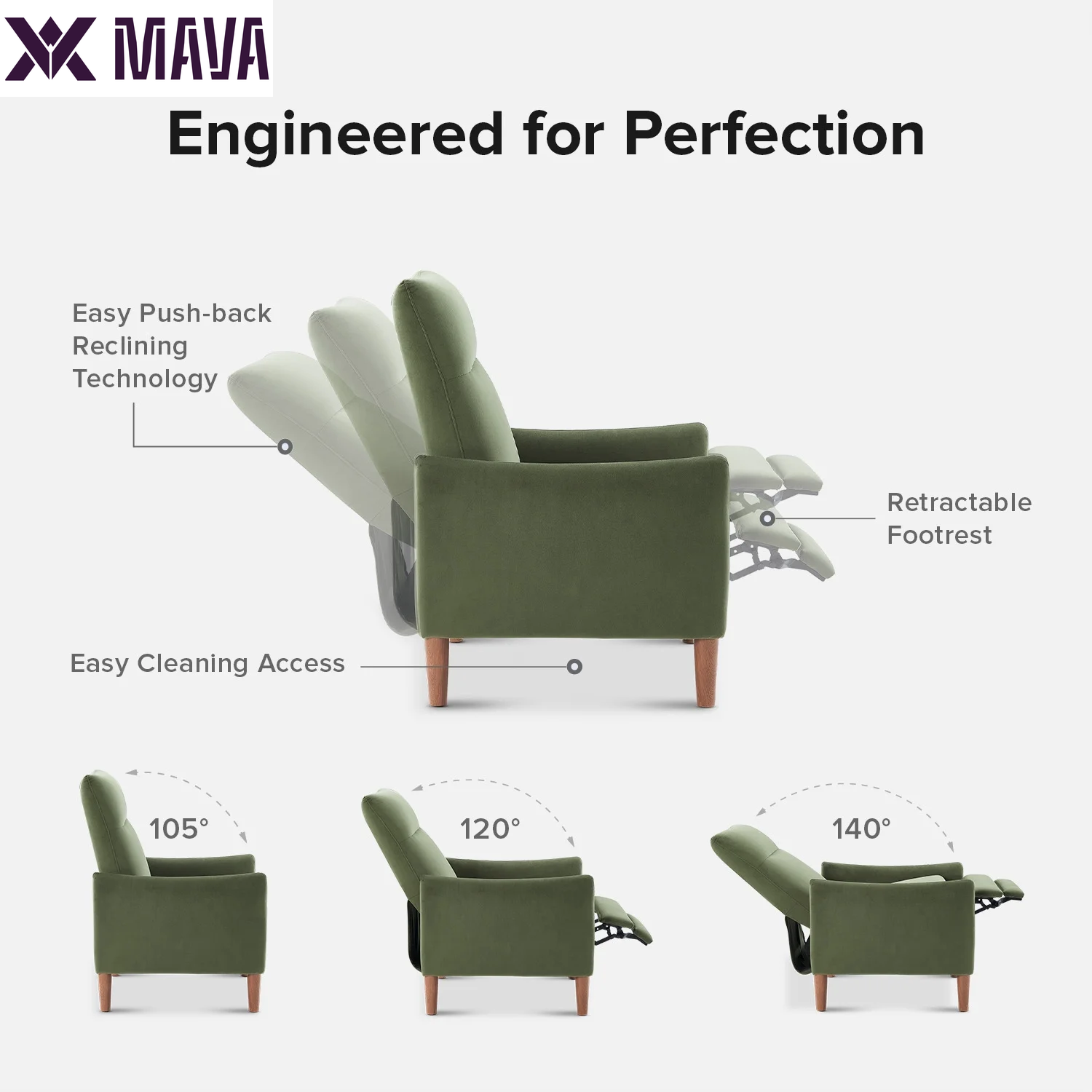 MAVA Recliner Chair with 3 Positions, Premium Velvet Accent Chair, Mid Century Modern Reading Chair, High Back Padded Support Comfy Sleeper Armchair, Nursery Chair for Living Room, Bedroom