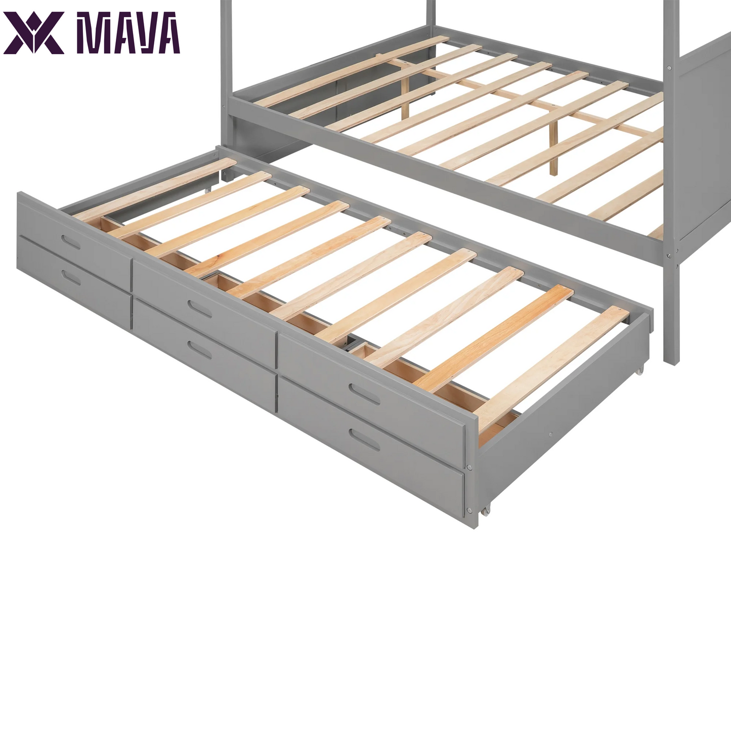 MAVA Queen Size Canopy Platform Bed with Trundle Bed and Drawers, Solid Wood Canopy Bed Frame with 3 Storage Drawers, Gray