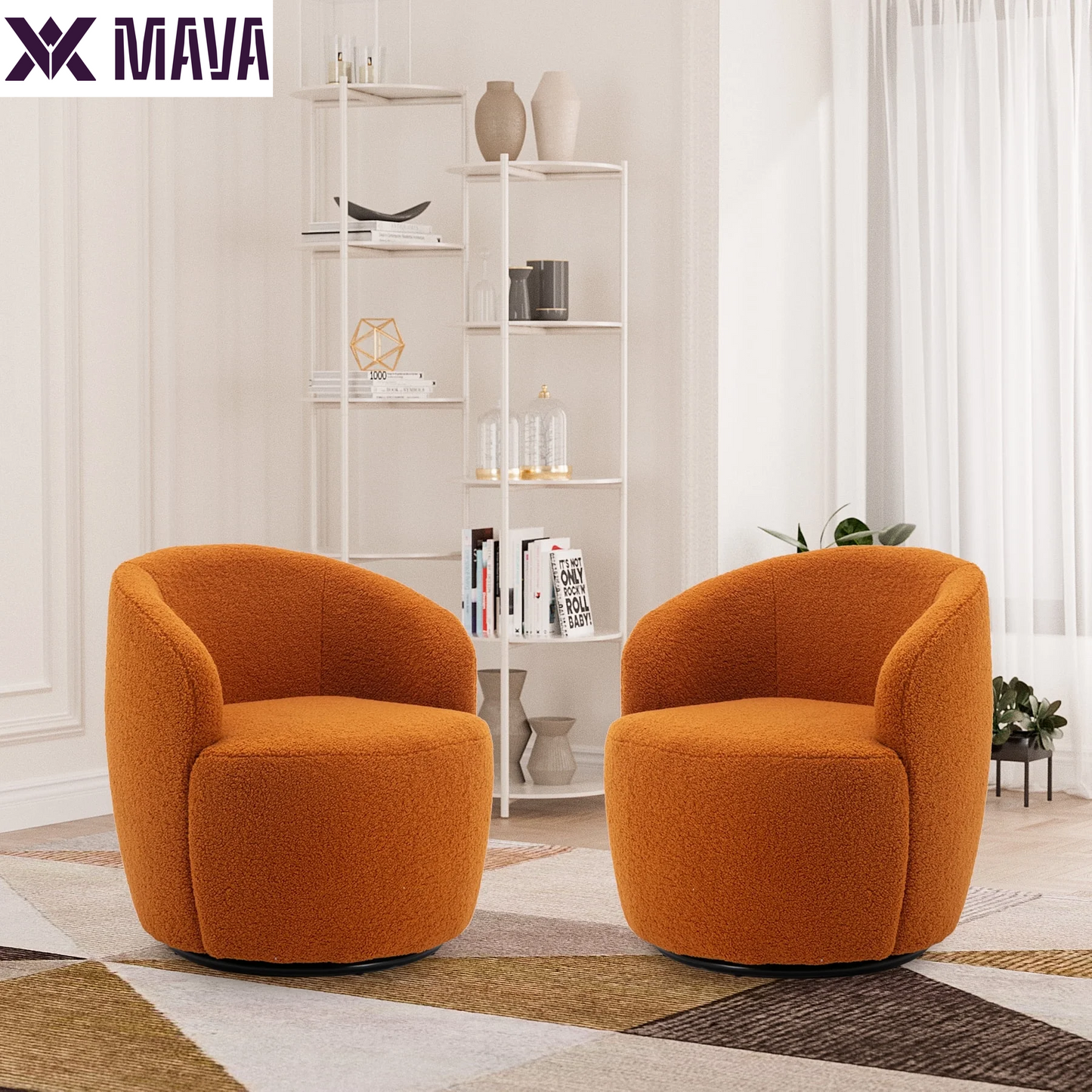 MAVA Swivel Barrel Chair Set of 2, Upholstered Boucle Swivel Accent Chair, Comfy Sherpa Swivel Lounge Chair, Modern 360 Swivel Arm Chair Reading Chair for Living Room Bedroom Club, Ivory Chenille