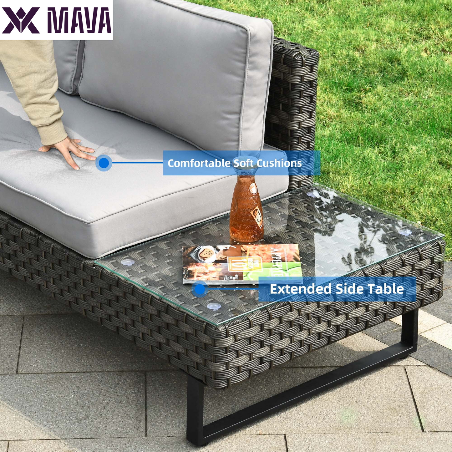 MAVA 4 Pieces Patio Furniture Set, All Weather Outdoor PE Rattan Sectional L-Shaped Wicker Conversation Sofa Chair with Coffee Table & Grey Cushions