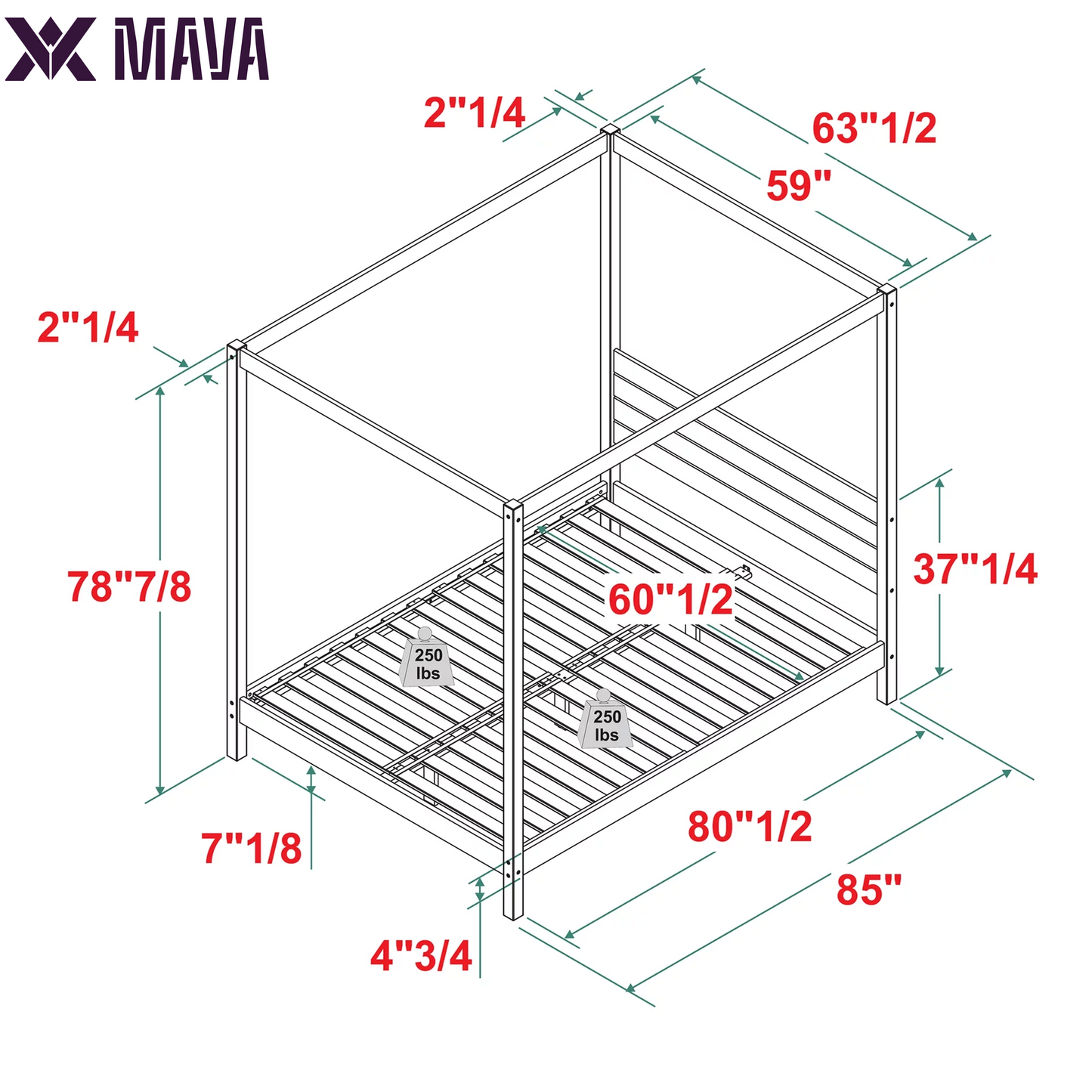 MAVA Minimalist Slatted Wood Queen Canopy Bedframe, Black