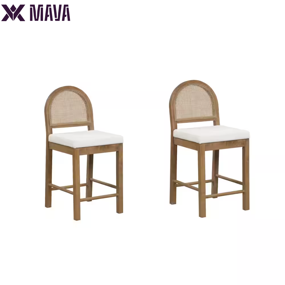 MAVA 19 In. Light Brown Natural Woven Rattan Back and Solid Wood, Legs Dining Chair with Padded Seat