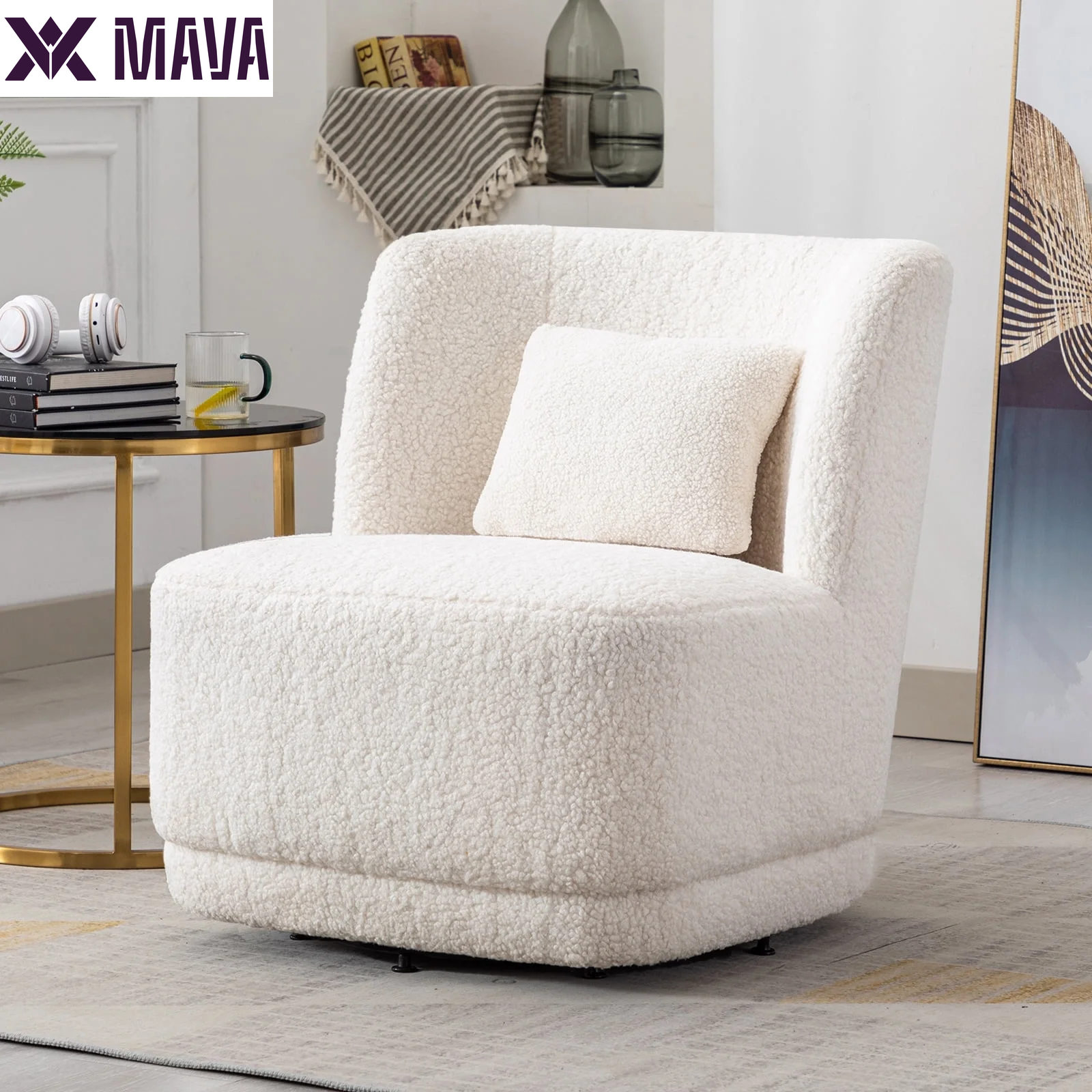 MAVA Swivel Accent Chair, Modern Teddy Fabric Upholstered 360°Swivel Barrel Chair Leisure Chair, Comfy Single Sofa Chair with Pillow, Reading Chair for Living Room Bedroom Office Lounge, White