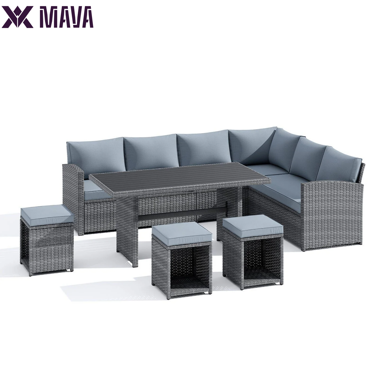 MAVA 7 Pieces PE Rattan Wicker Dining 9 Sofa Set, Outdoor Patio Furniture, Gray