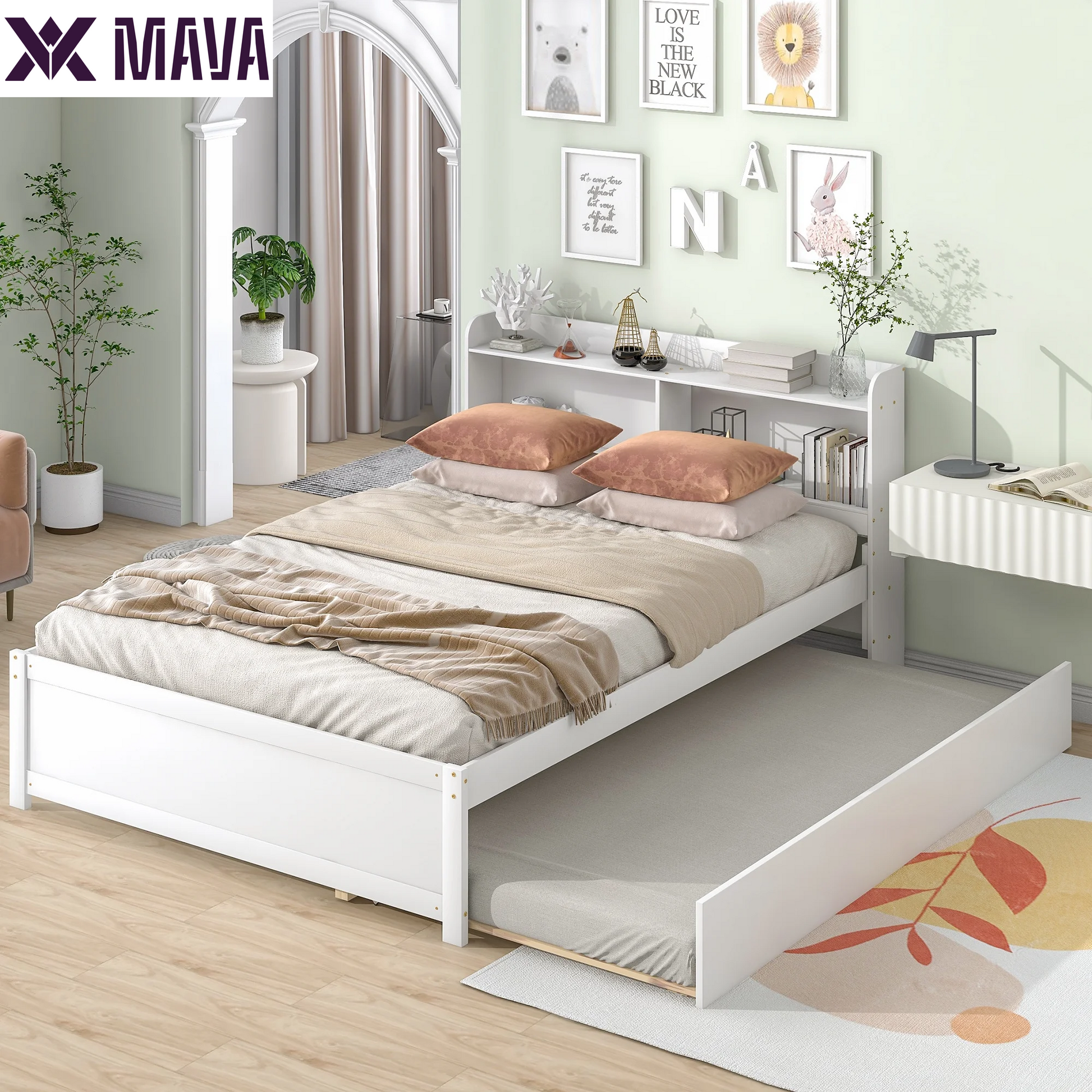 MAVA Wood Full Size Bed with Trundle & Bookcase Headboard for Kids, Gray