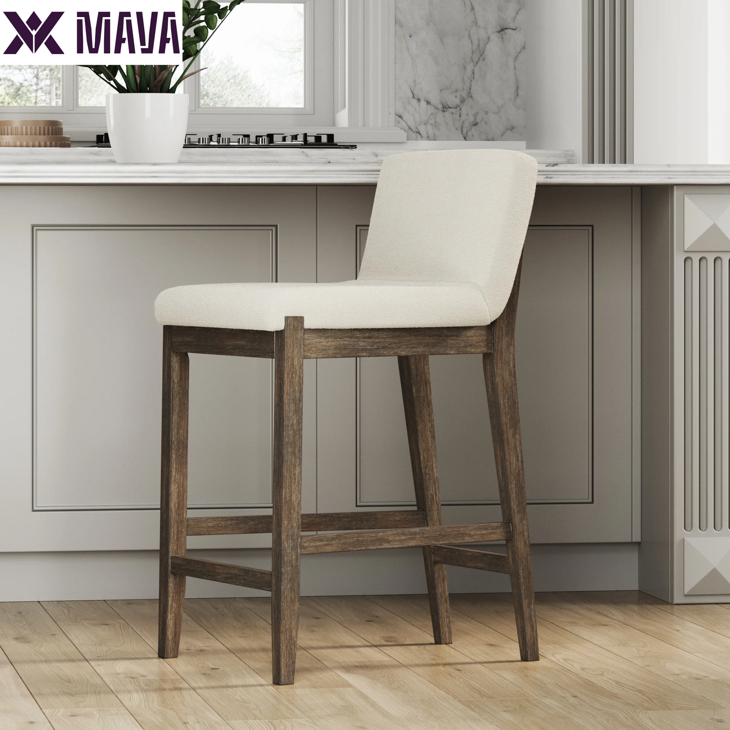 MAVA Modern Counter Height Bar Stool with Back, Counter Stool Upholstered Chair with Natural Flax White Fabric and Brushed Wooden Legs