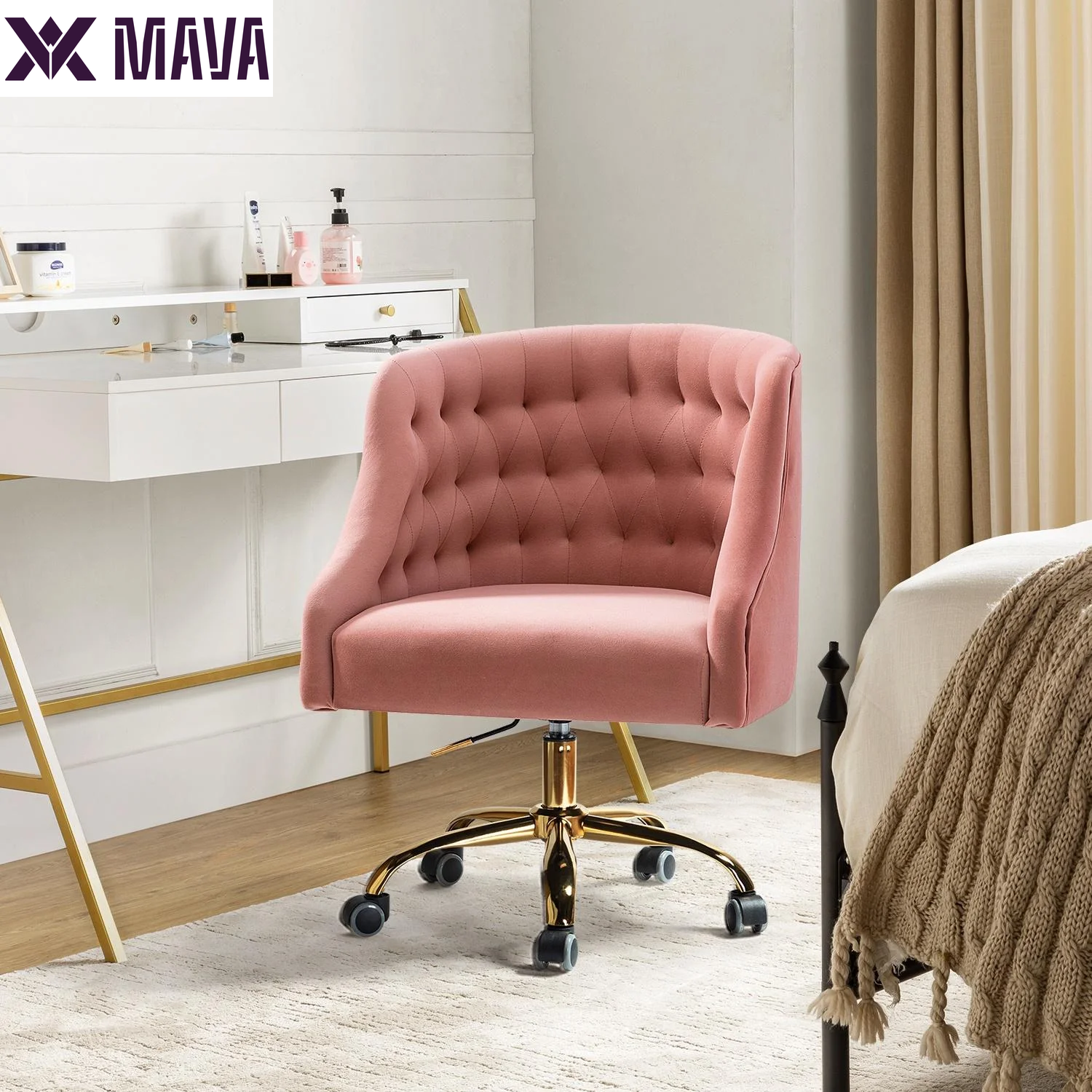 MAVA Modern Home Task Chair Swivel Rolling Computer Velvet Fabric Gold Legs Makeup Vanity Chairs Adult Pink