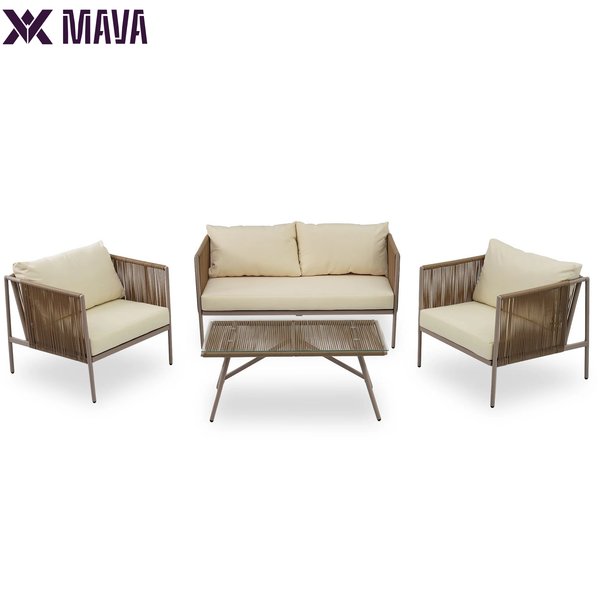 MAVA 4 Person Rope Outdoor Furniture Set 4 Pieces Patio Metal Conversation Sets Patio Sectional Sofa Set with Thick Cushions, Loveseat and Glass Table(Beige)